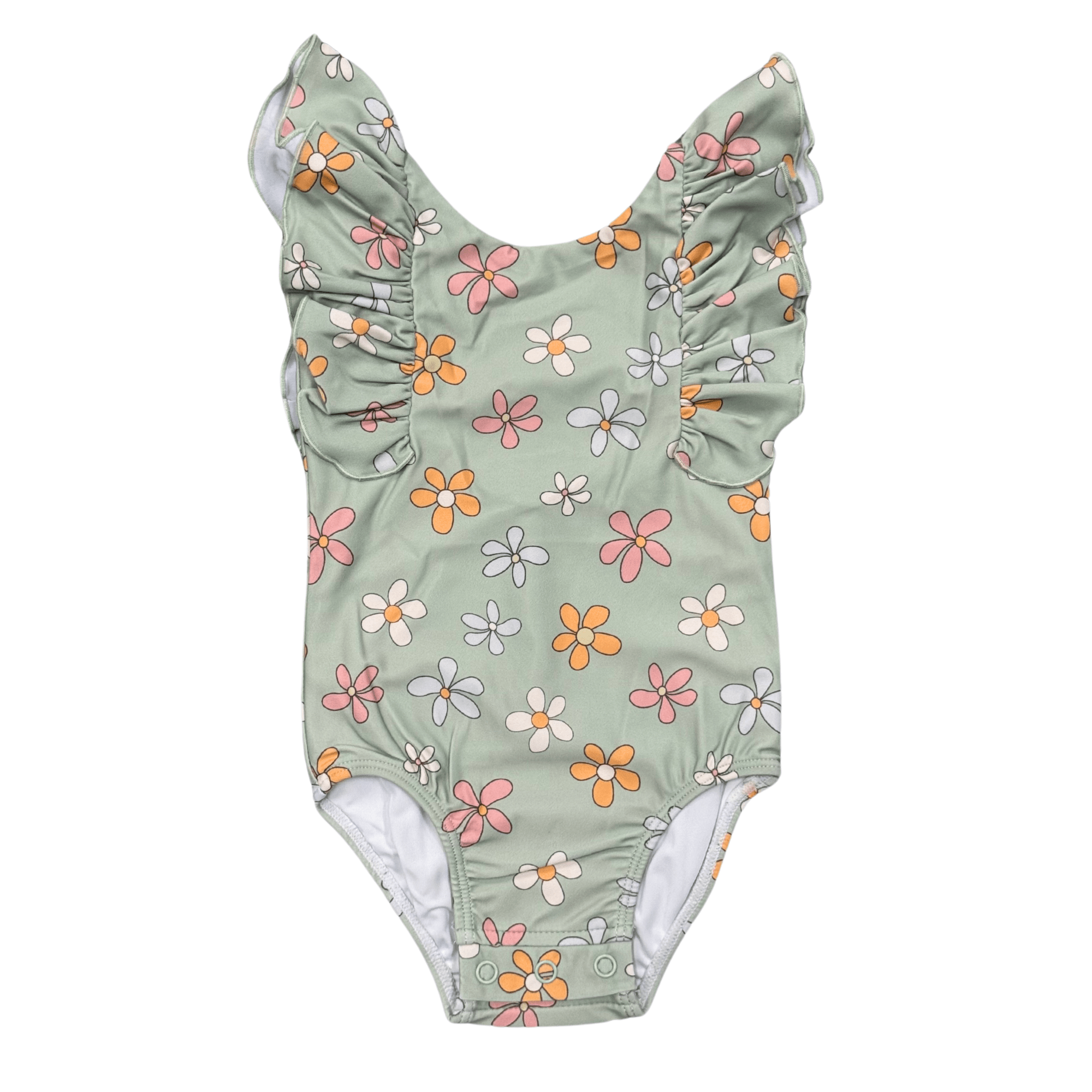 Baby Girl Ruffle Sleeve Cross Back Swimsuit In Sketched Daisy