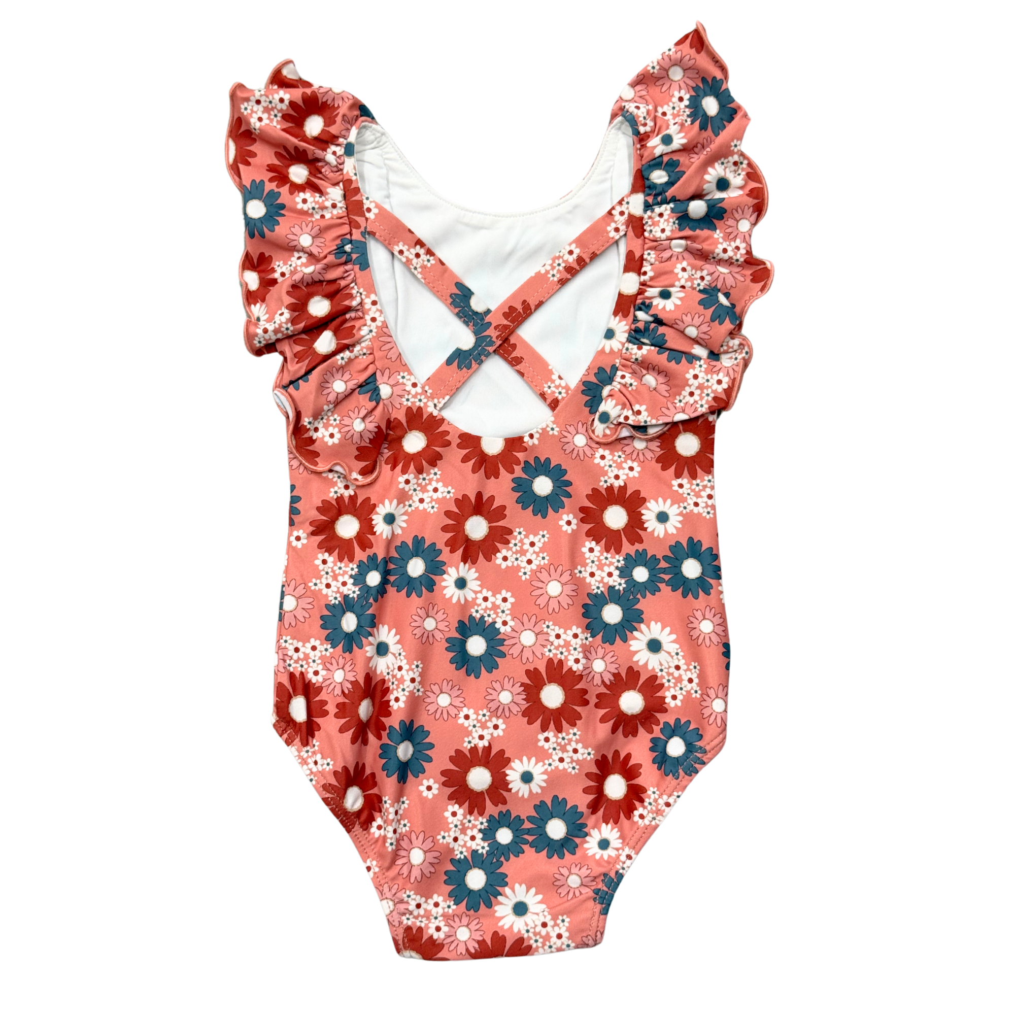 Baby Girl Ruffle Sleeve Cross Back Swimsuit In Zoey Daisy