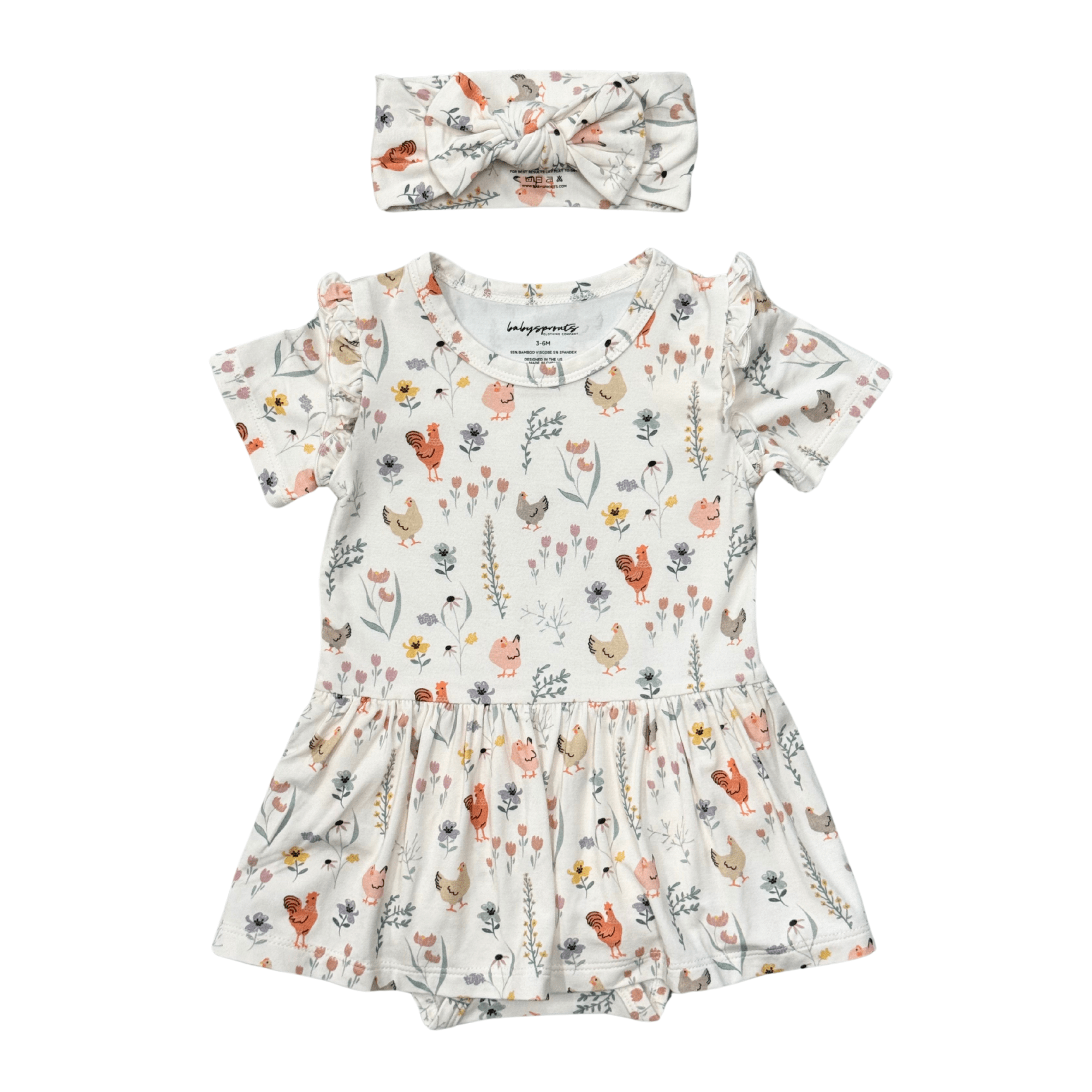 Baby Girl Short Sleeve Bodysuit Dress Set In Floral Chickens