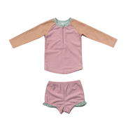 Girls Zip Rash Guard Two-piece Swimsuit In Mauve Colorblock