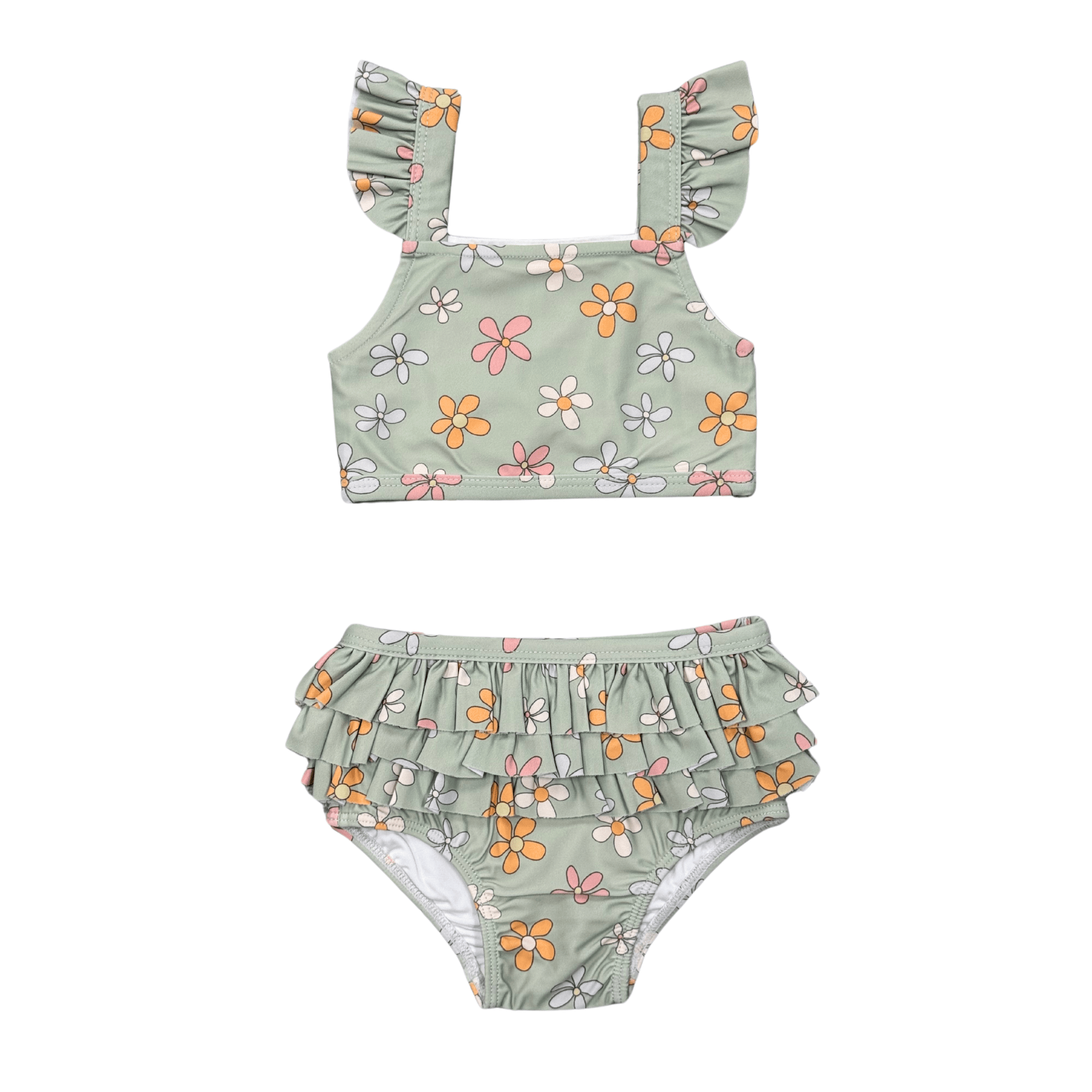 Girls Two-piece Ruffle Swimsuit In Sketched Daisy