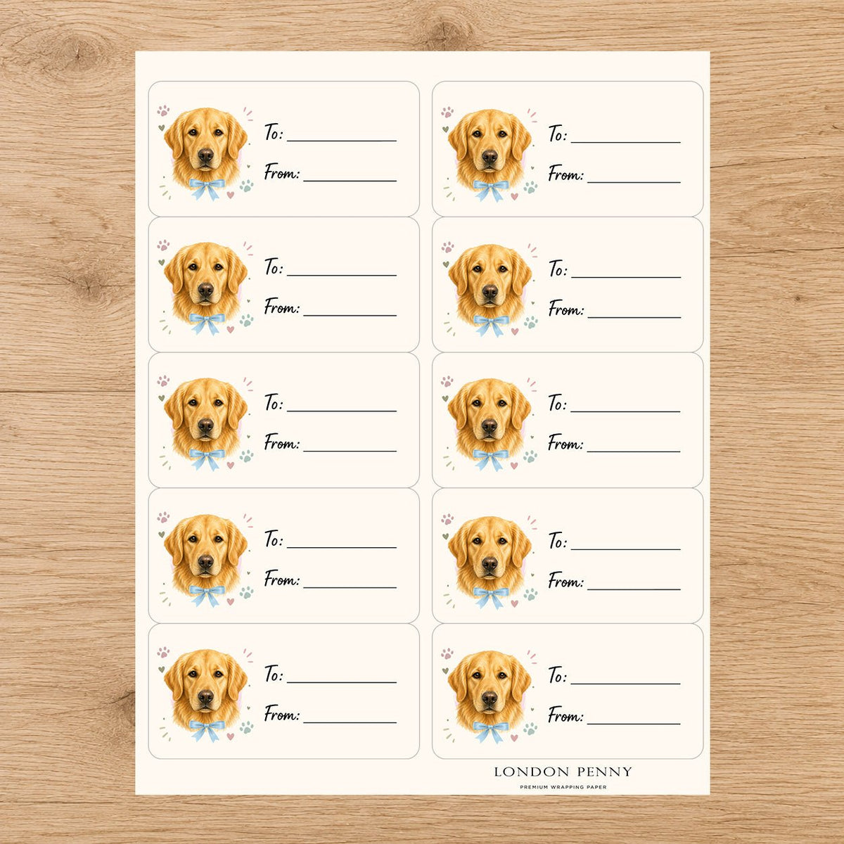 Golden Retriever Paws & Bows Gift Tag Sticker Sheet