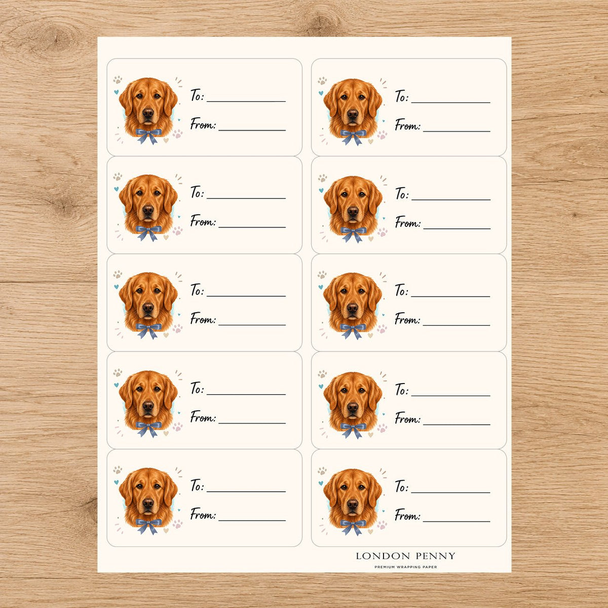 Golden Retriever Paws & Bows Gift Tag Sticker Sheet