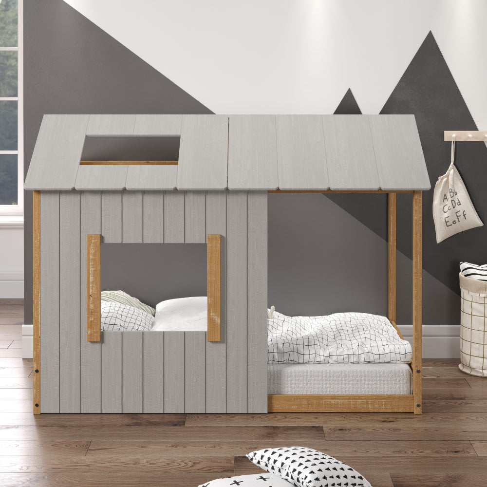 P'kolino Kid's House Twin Floor Bed - Grey with Natural