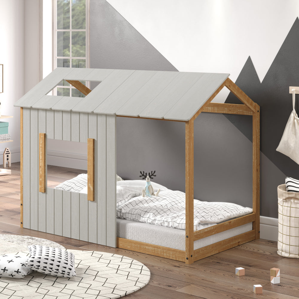 P'kolino Kid's House Twin Floor Bed - Grey with Natural