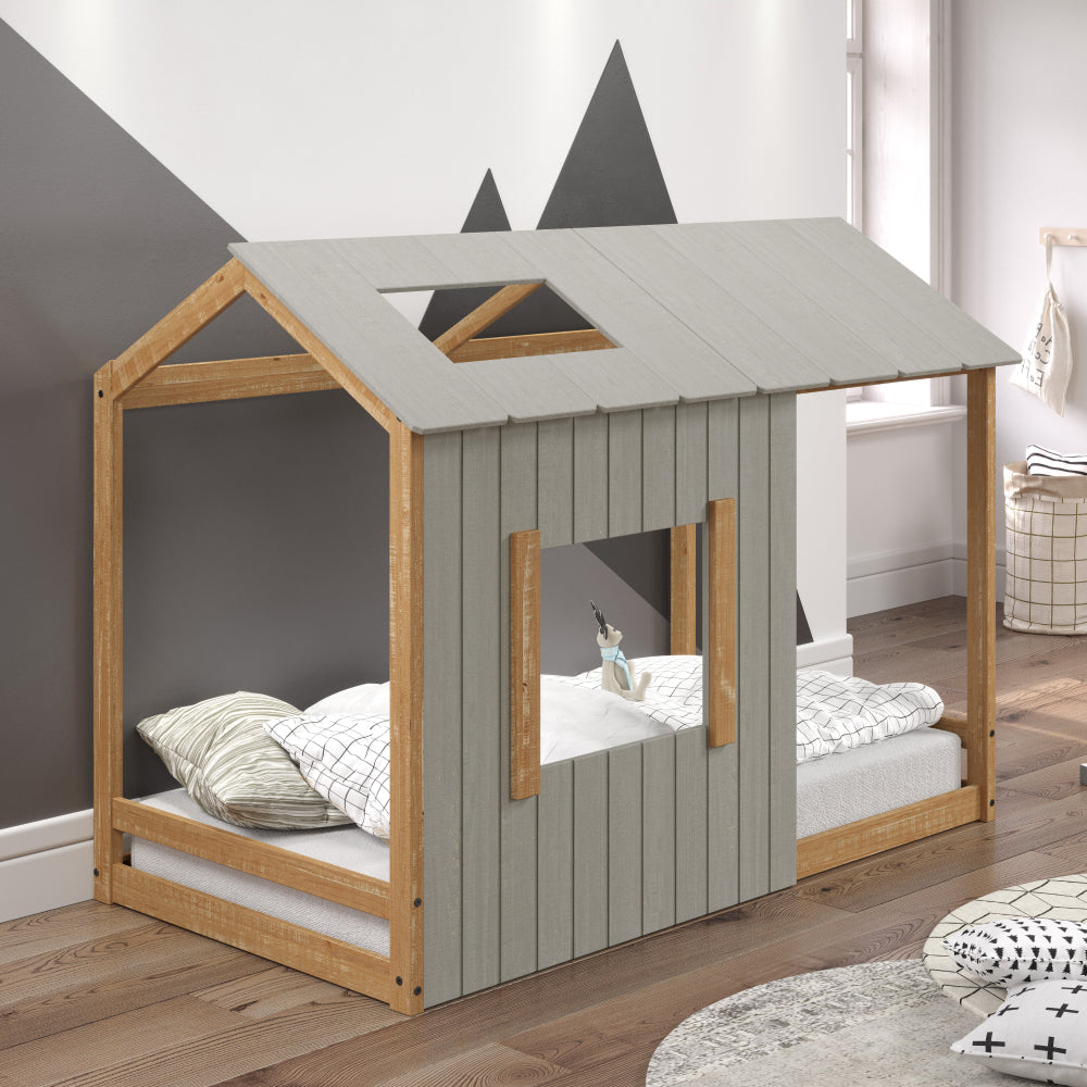 P'kolino Kid's House Twin Floor Bed - Grey with Natural