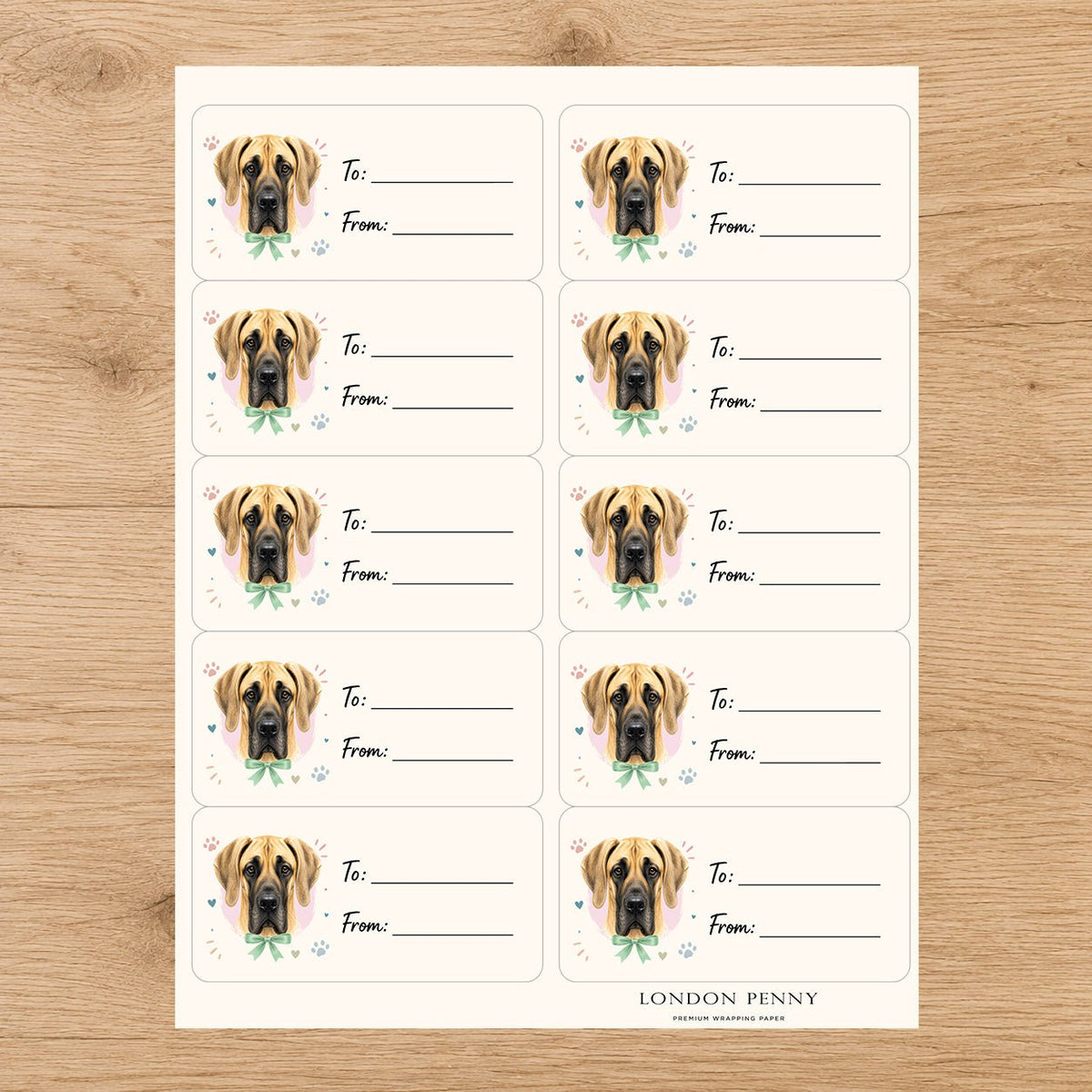 Great Dane Paws & Bows Gift Tag Sticker Sheet