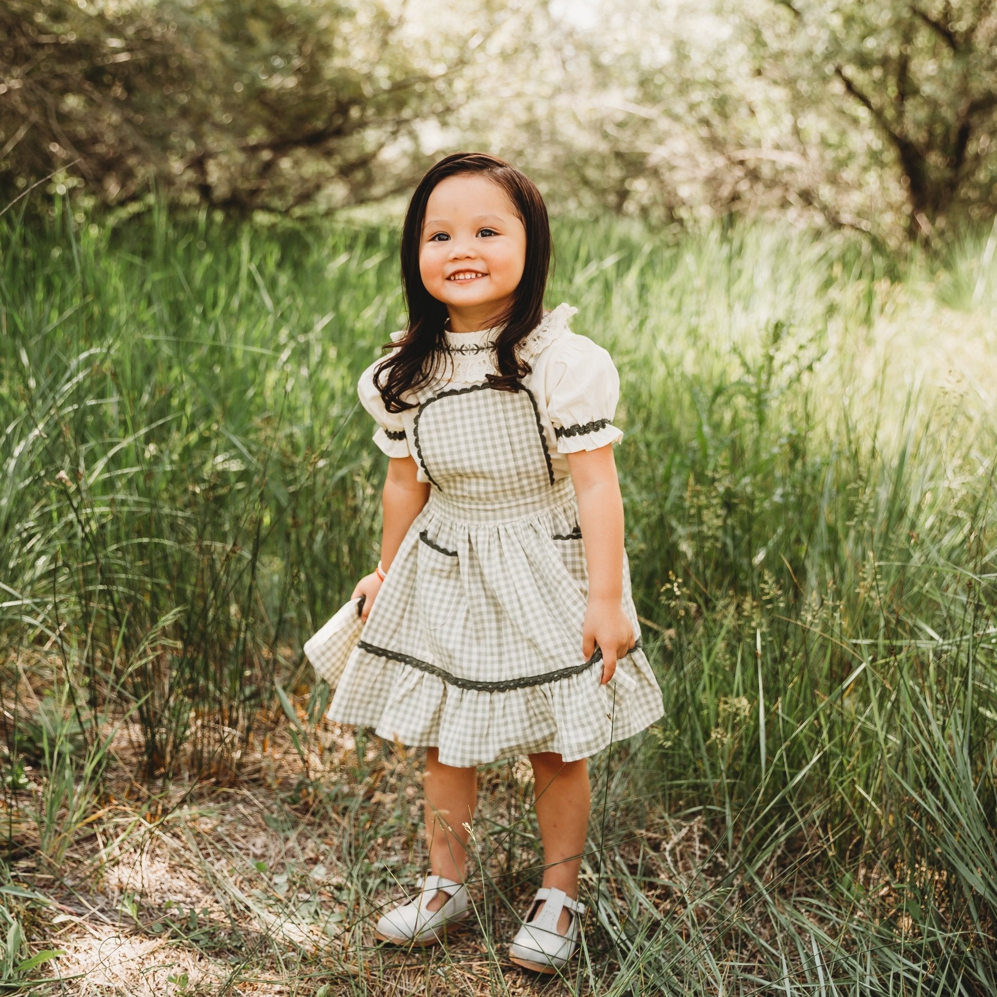 Green Gingham Pinafore Dress And Blouse Set