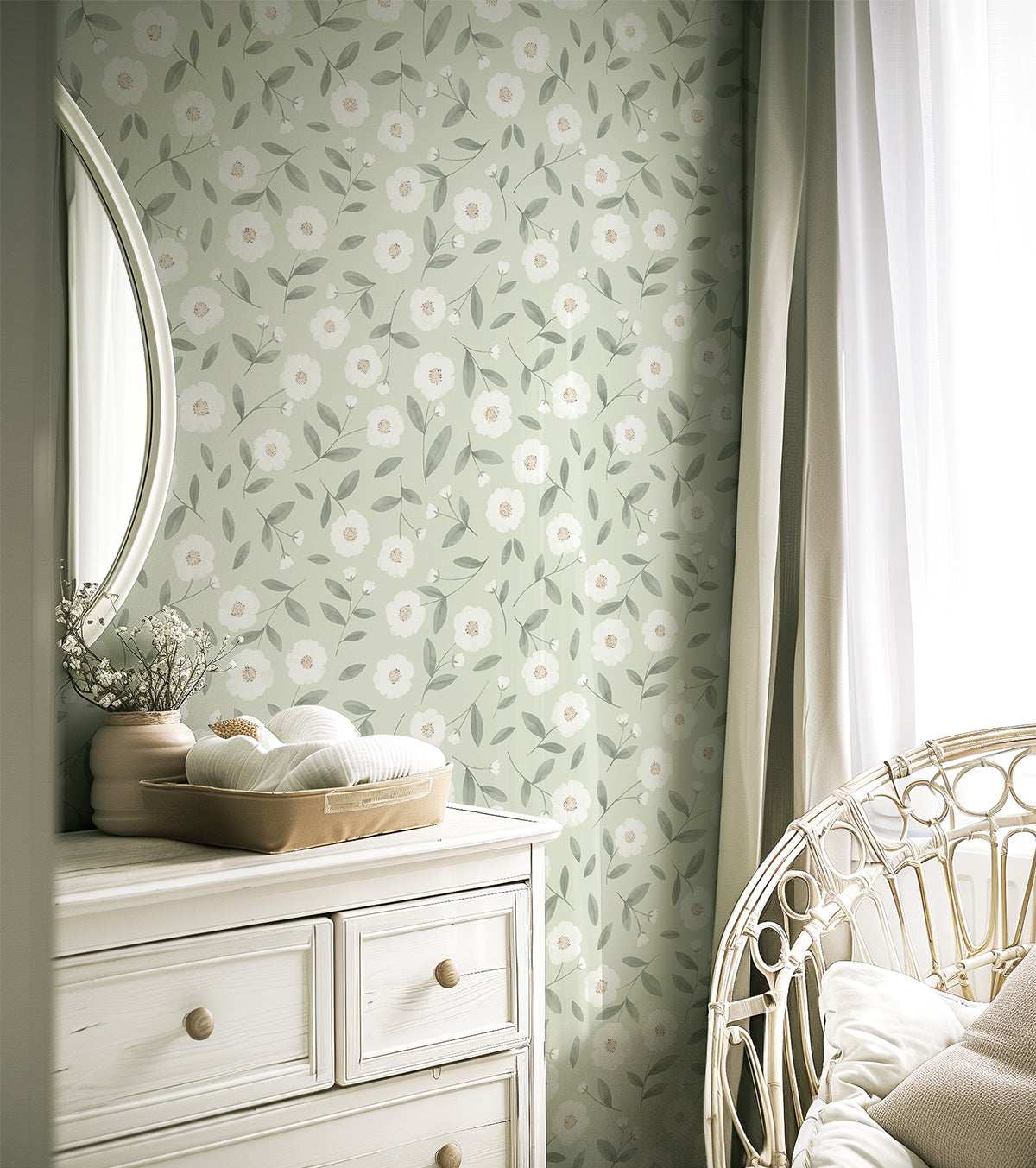 Eden - Children's Wallpaper - White Rosebuds And Sparkle