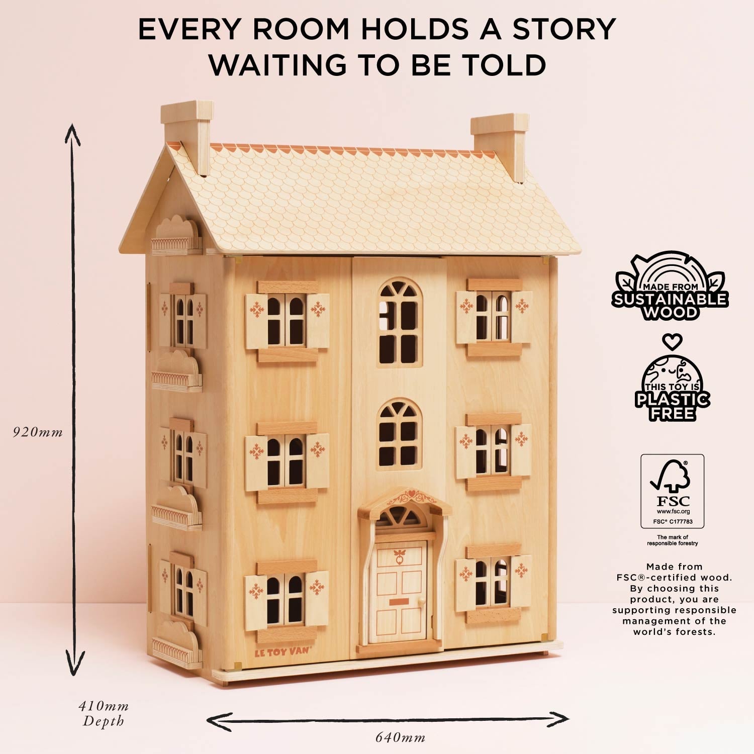Le Toy Van Grand Natural Wood Doll House - Classic Wooden Playset