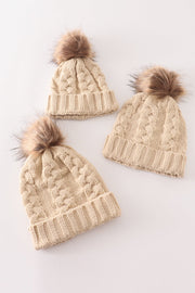 Beige Pompom  Cable Beanie Hat