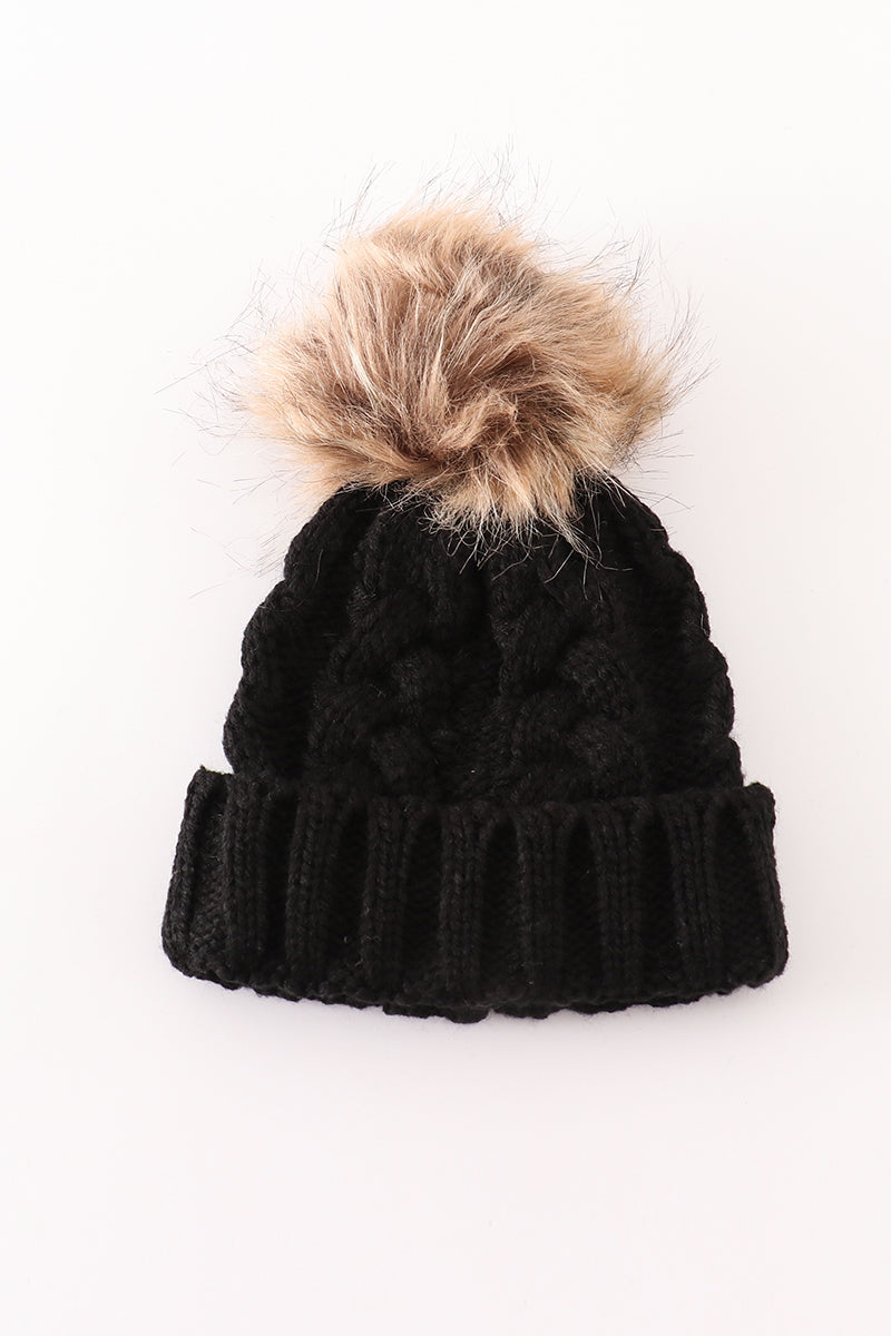Black Pompom Cable Beanie Hat