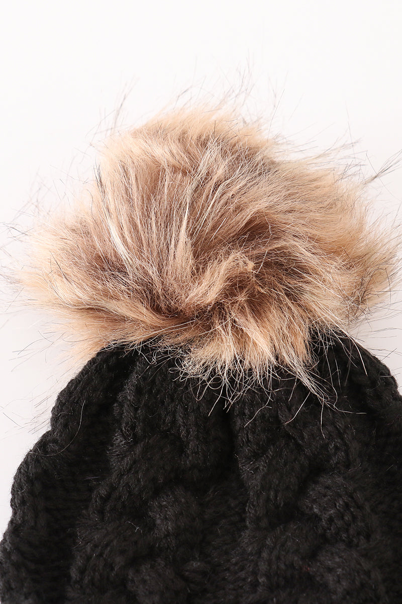 Black Pompom Cable Beanie Hat