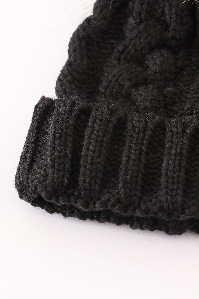 Black Pompom Cable Beanie Hat
