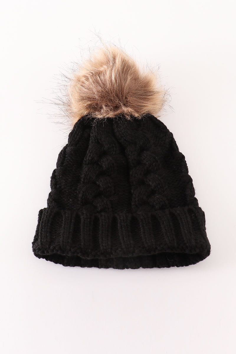 Black Pompom Cable Beanie Hat