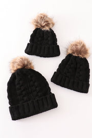 Black Pompom Cable Beanie Hat