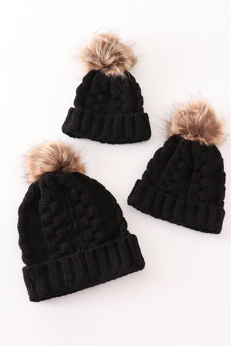 Black Pompom Cable Beanie Hat