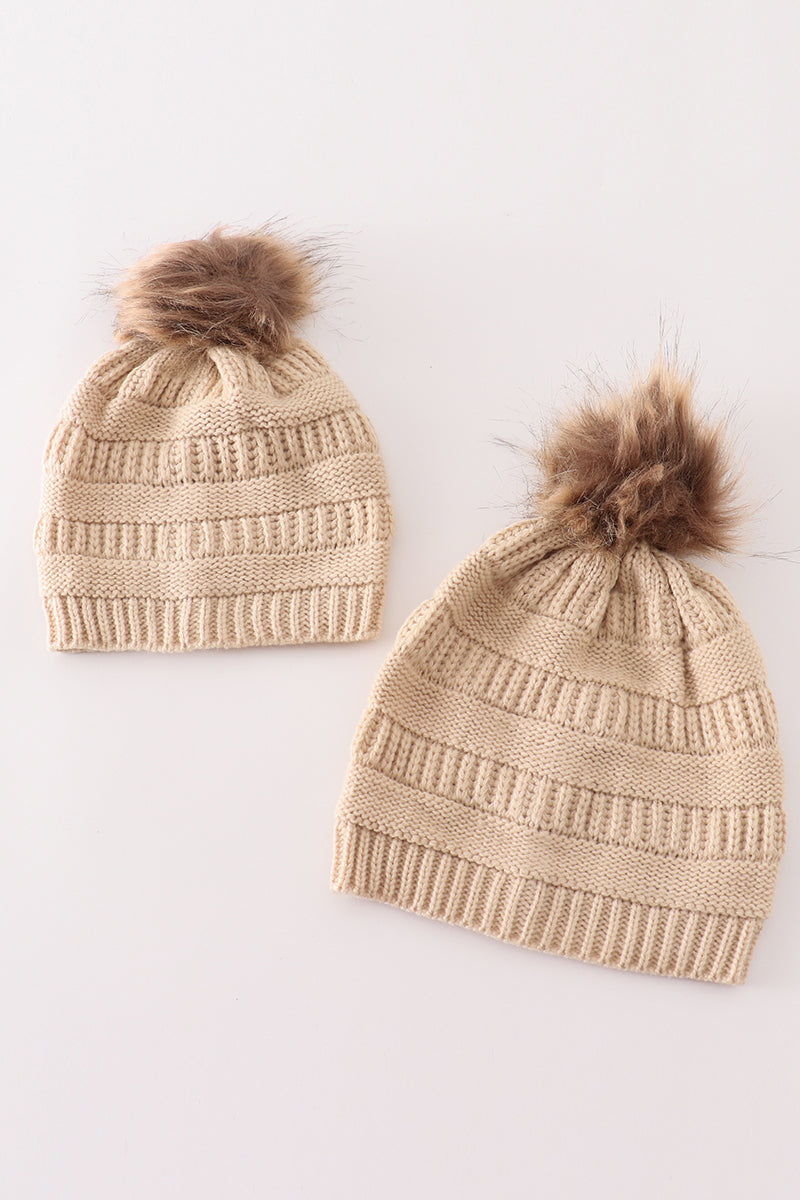 Beige Pompom Cable Beanie Hat