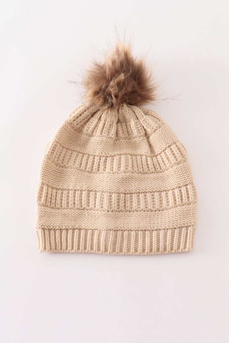 Beige Pompom Cable Beanie Hat