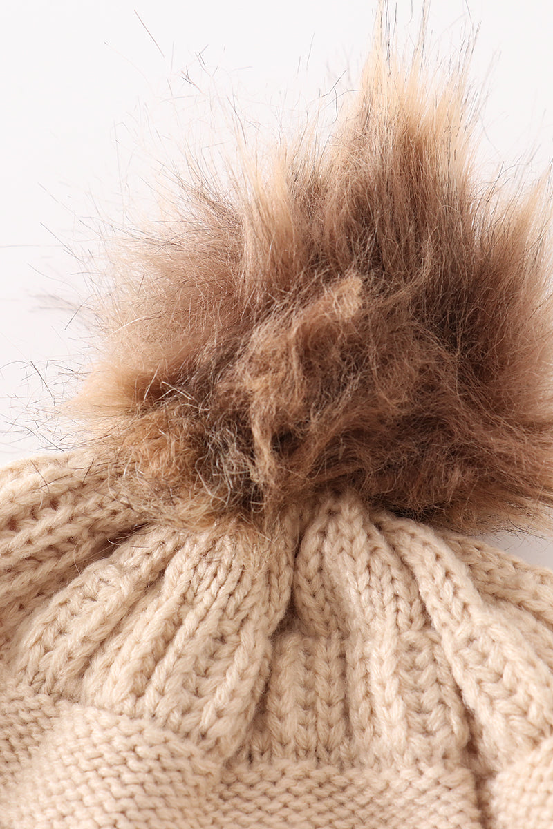 Beige Pompom Cable Beanie Hat