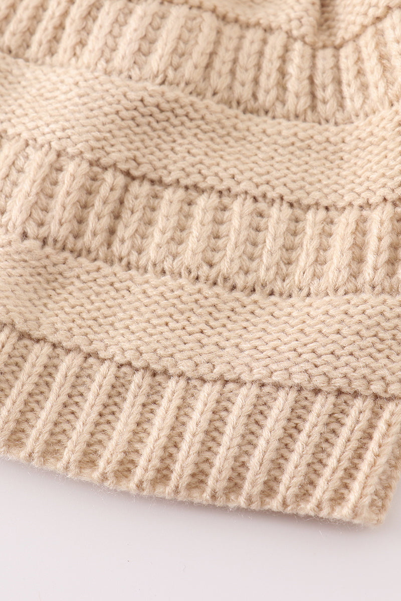 Beige Pompom Cable Beanie Hat