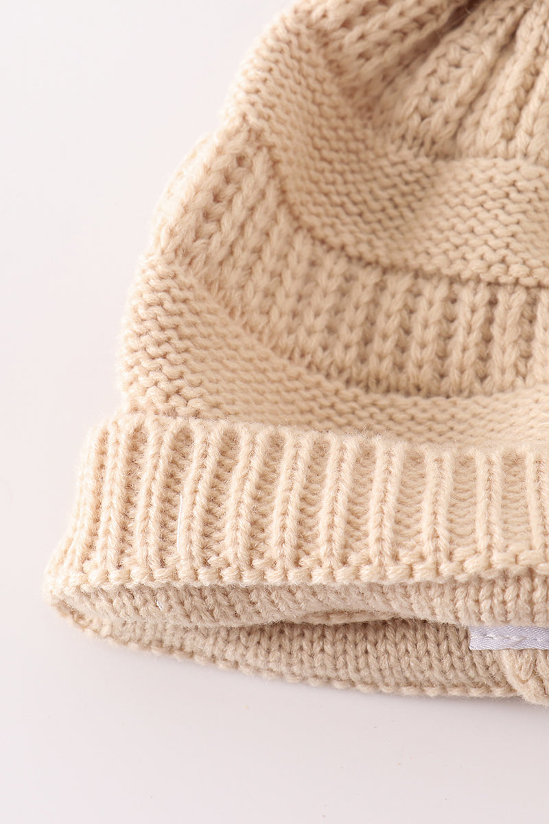 Beige Pompom Cable Beanie Hat