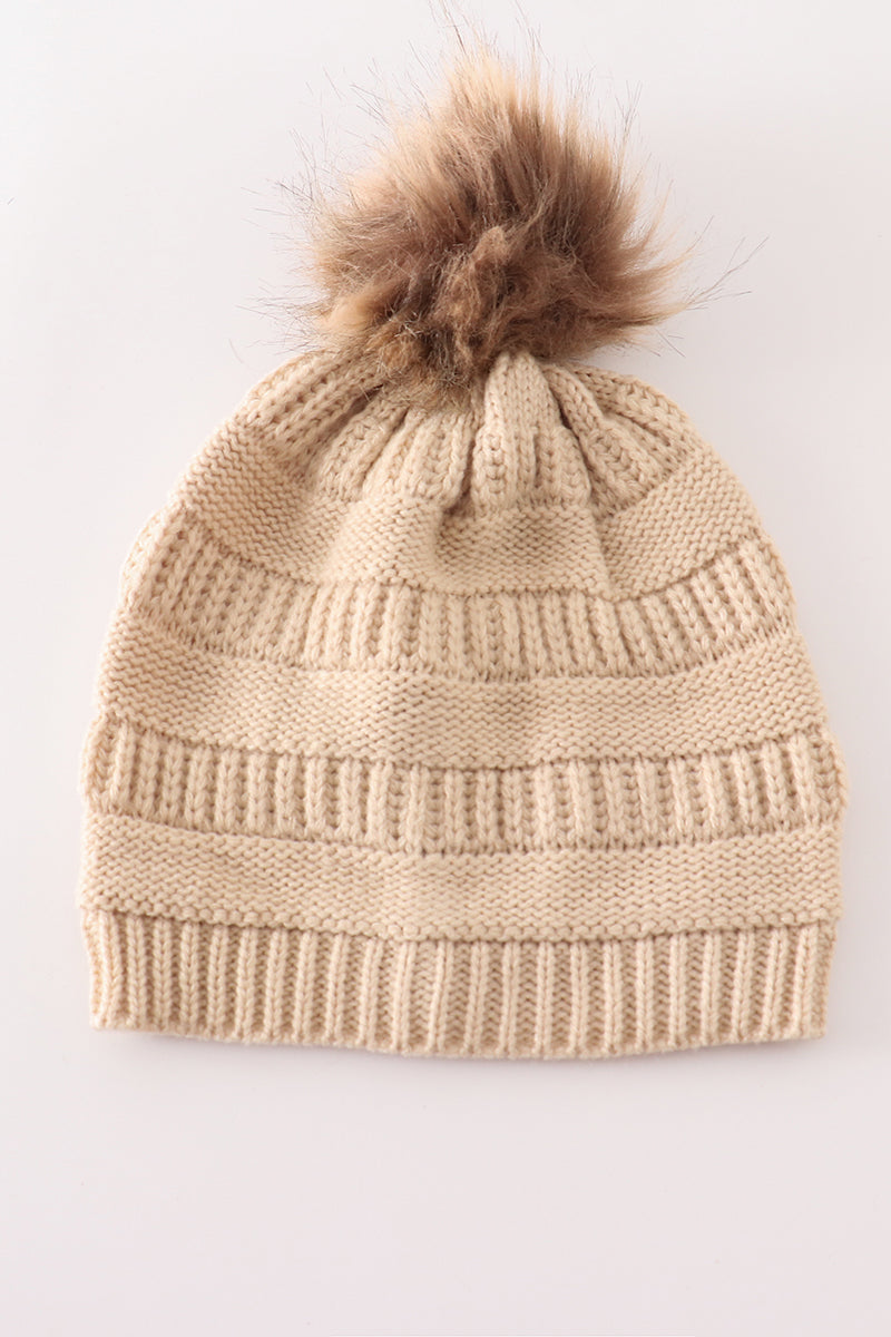 Beige Pompom Cable Beanie Hat