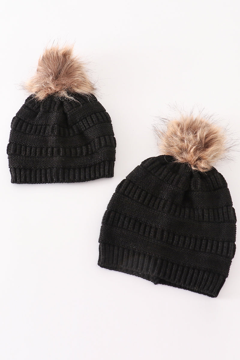 Black Pompom Cable Beanie Hat