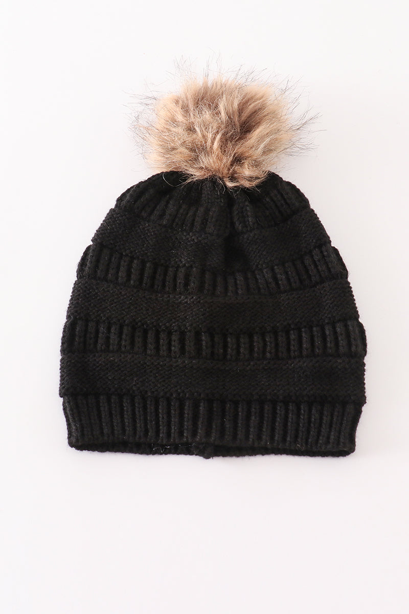 Black Pompom Cable Beanie Hat