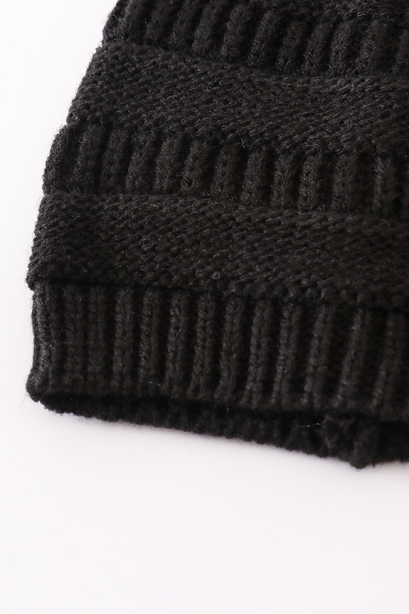 Black Pompom Cable Beanie Hat
