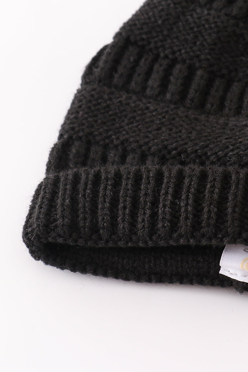 Black Pompom Cable Beanie Hat
