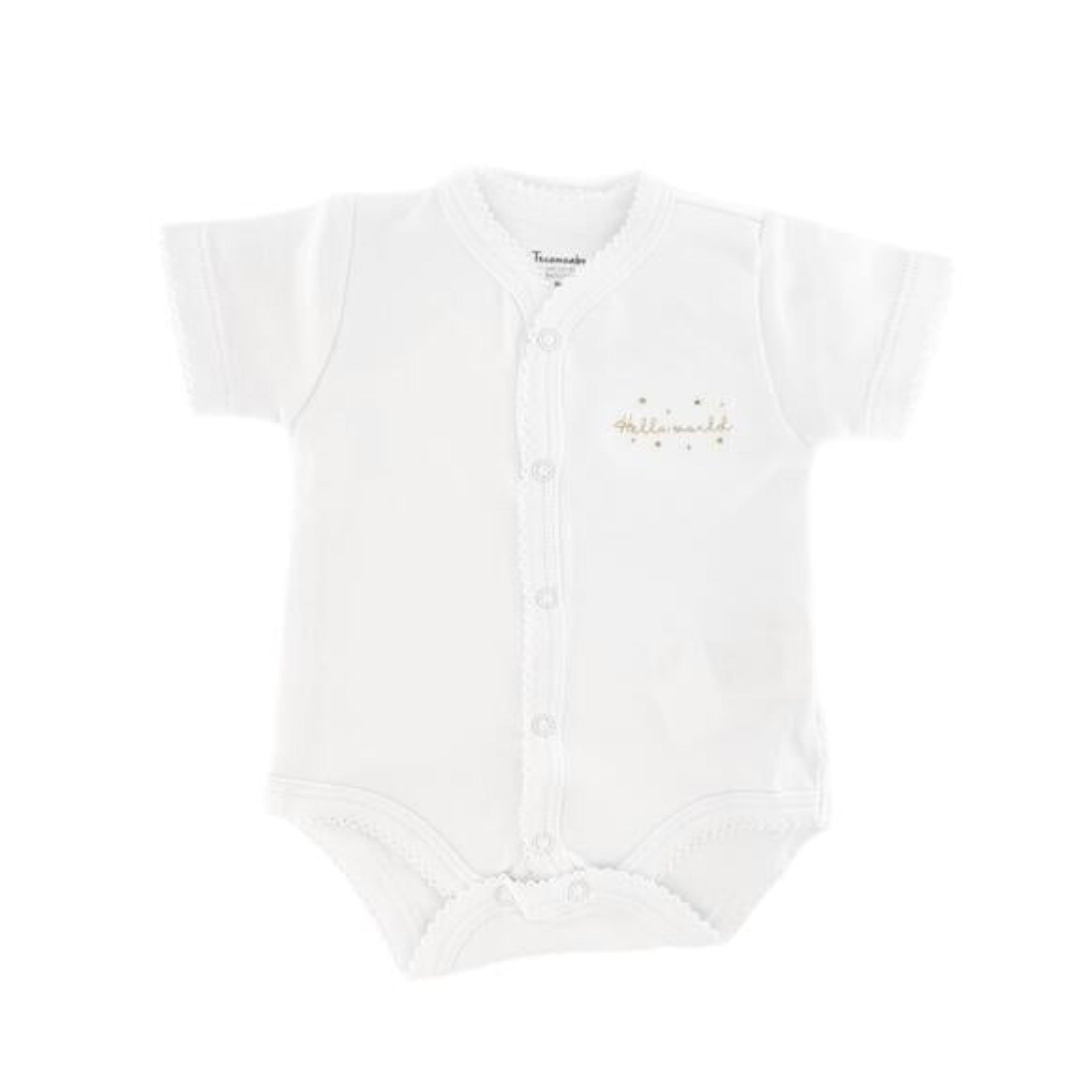 Hello World Short Sleeve Snapped Bodysuit, White