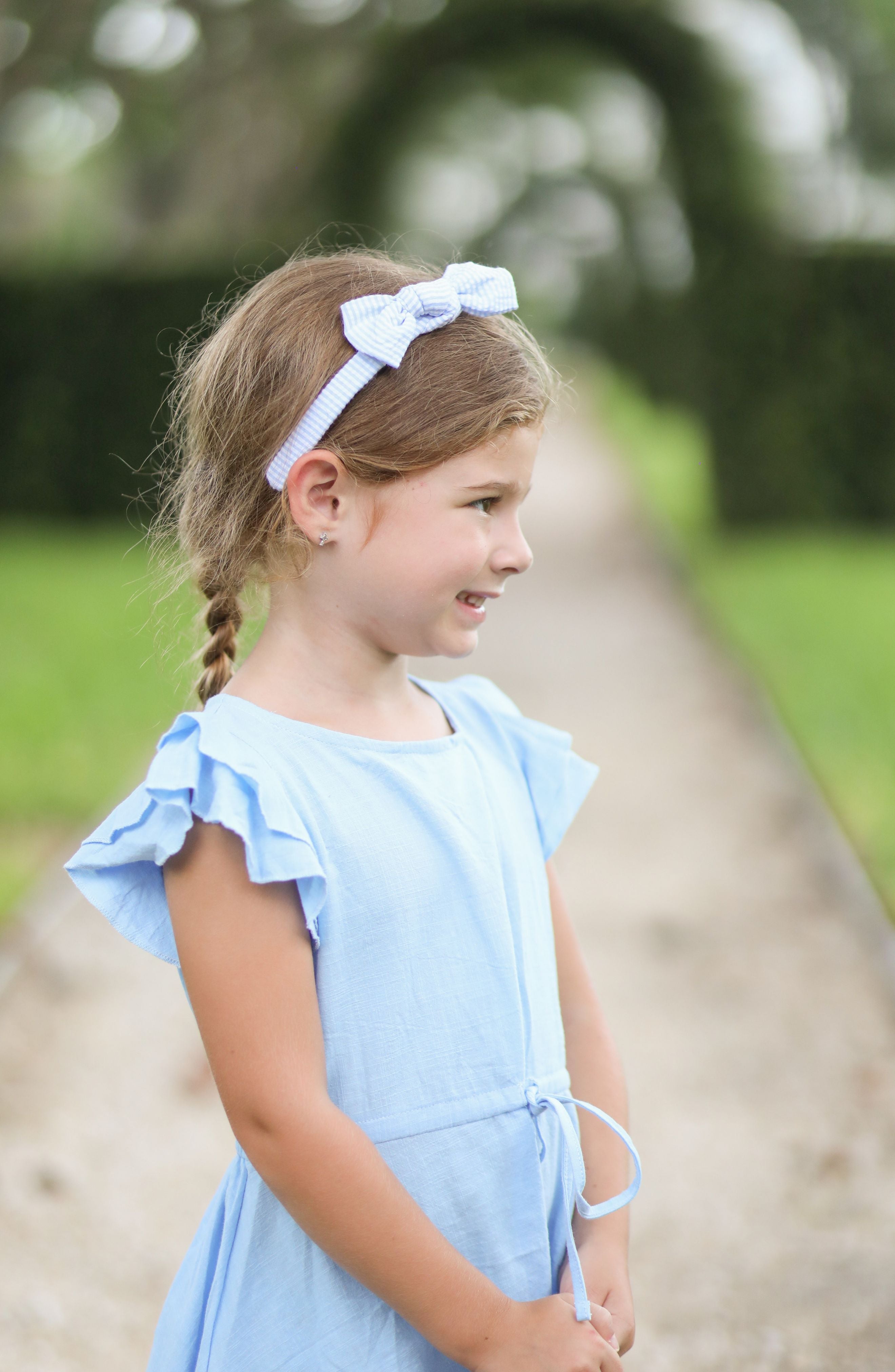 Seersucker Bow Headband In Blue/white