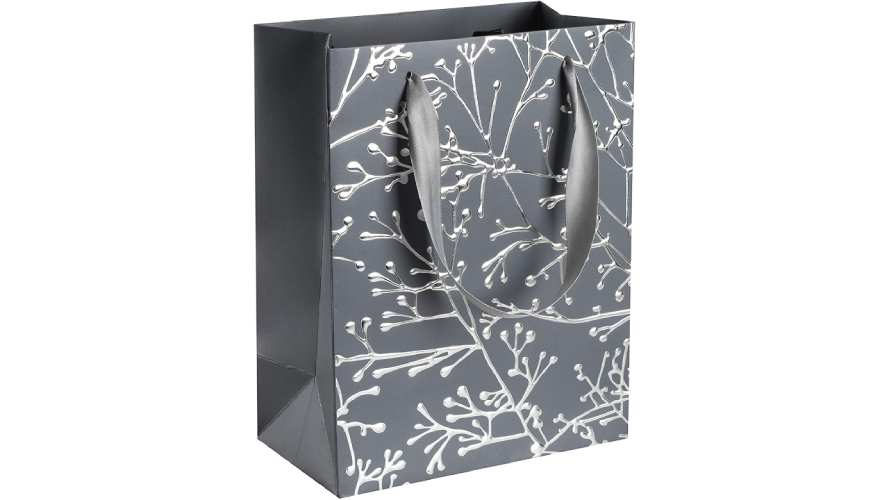 Grey Floral Stems Design Foil Stamped Gift Bags 24 Pack 9"x 7"x 4"