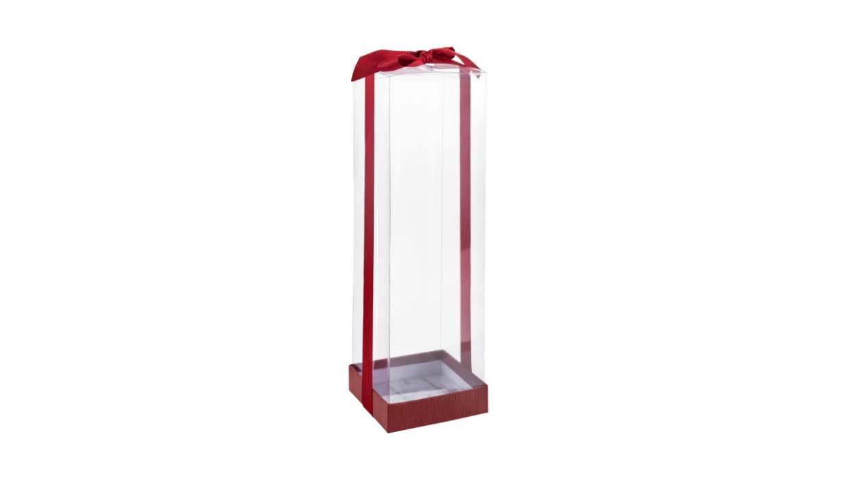 Clear Wine Bottle Gift Boxes 6 Pack With Base Lid & Ribbon Maroon 3.5x3.5 X12.75