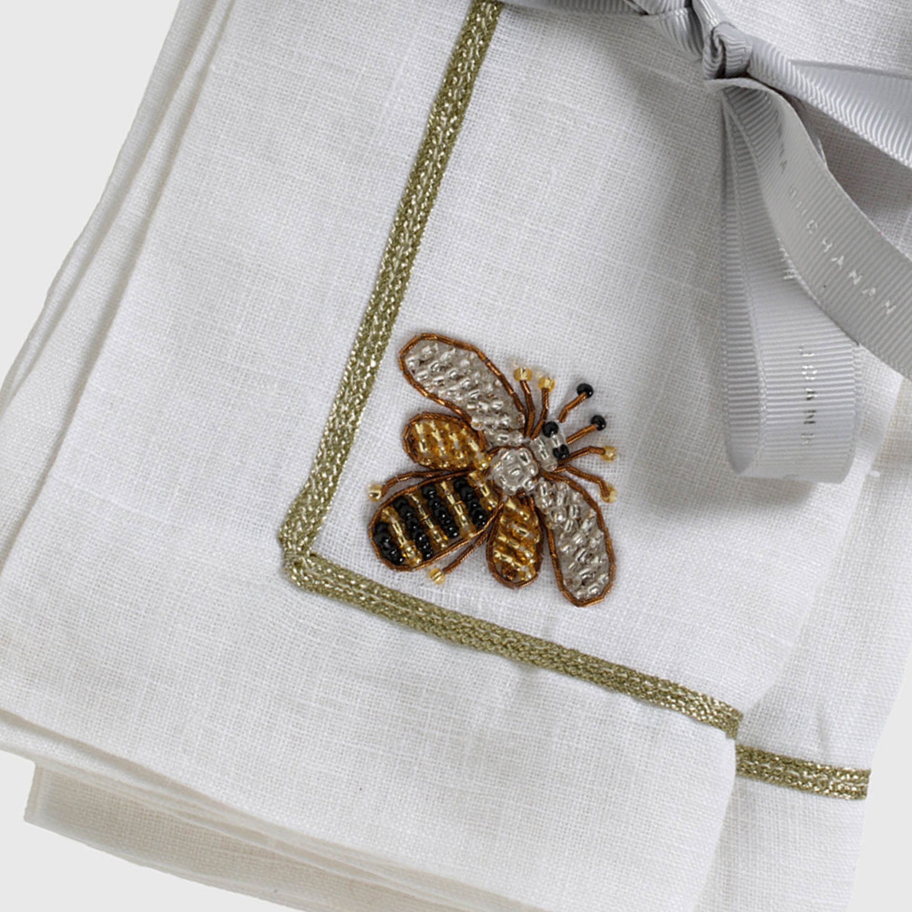 Stripey Bee Linen Dinner Napkins, White, Set Of Two