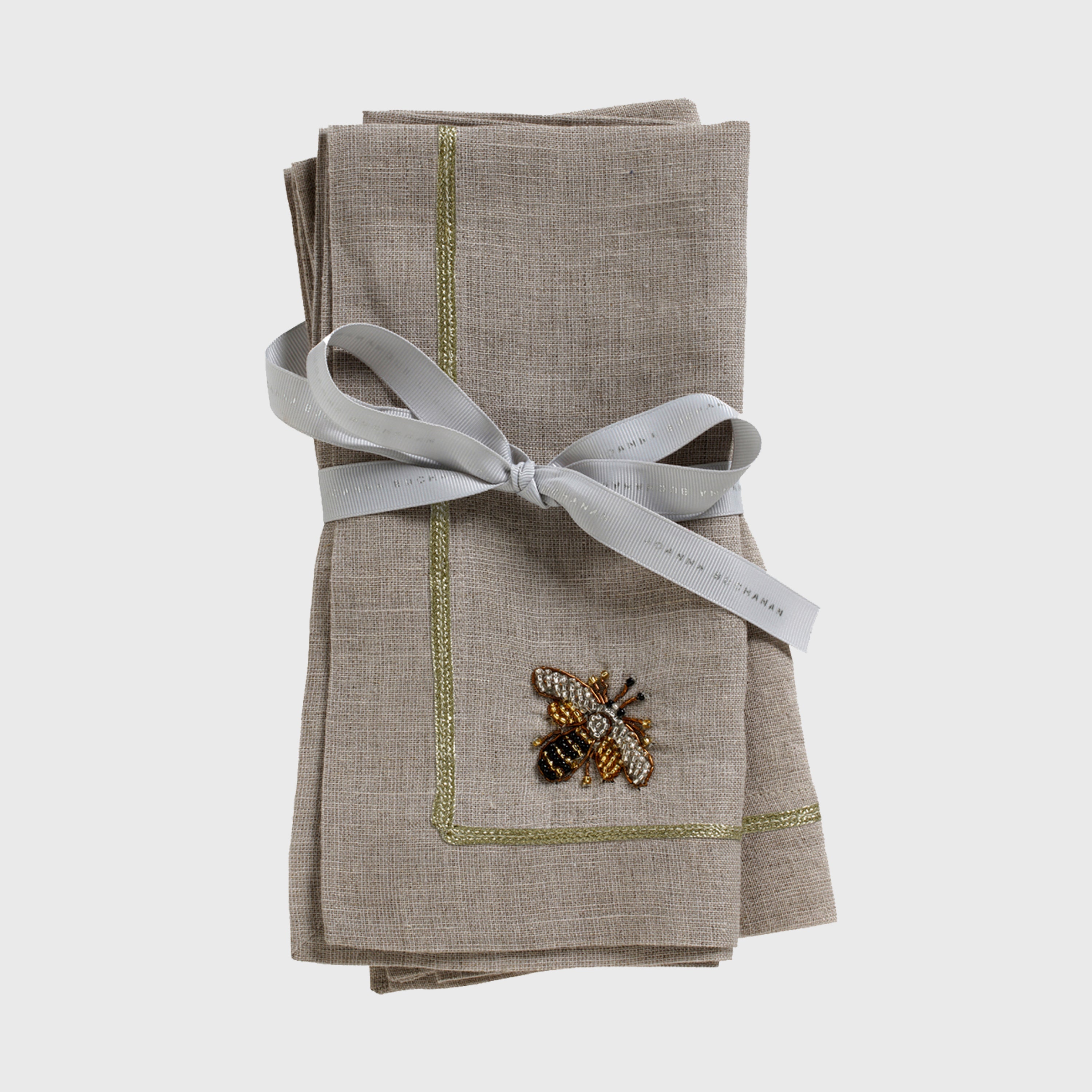 Stripey Bee Linen Dinner Napkins, Flax, Set Of Two