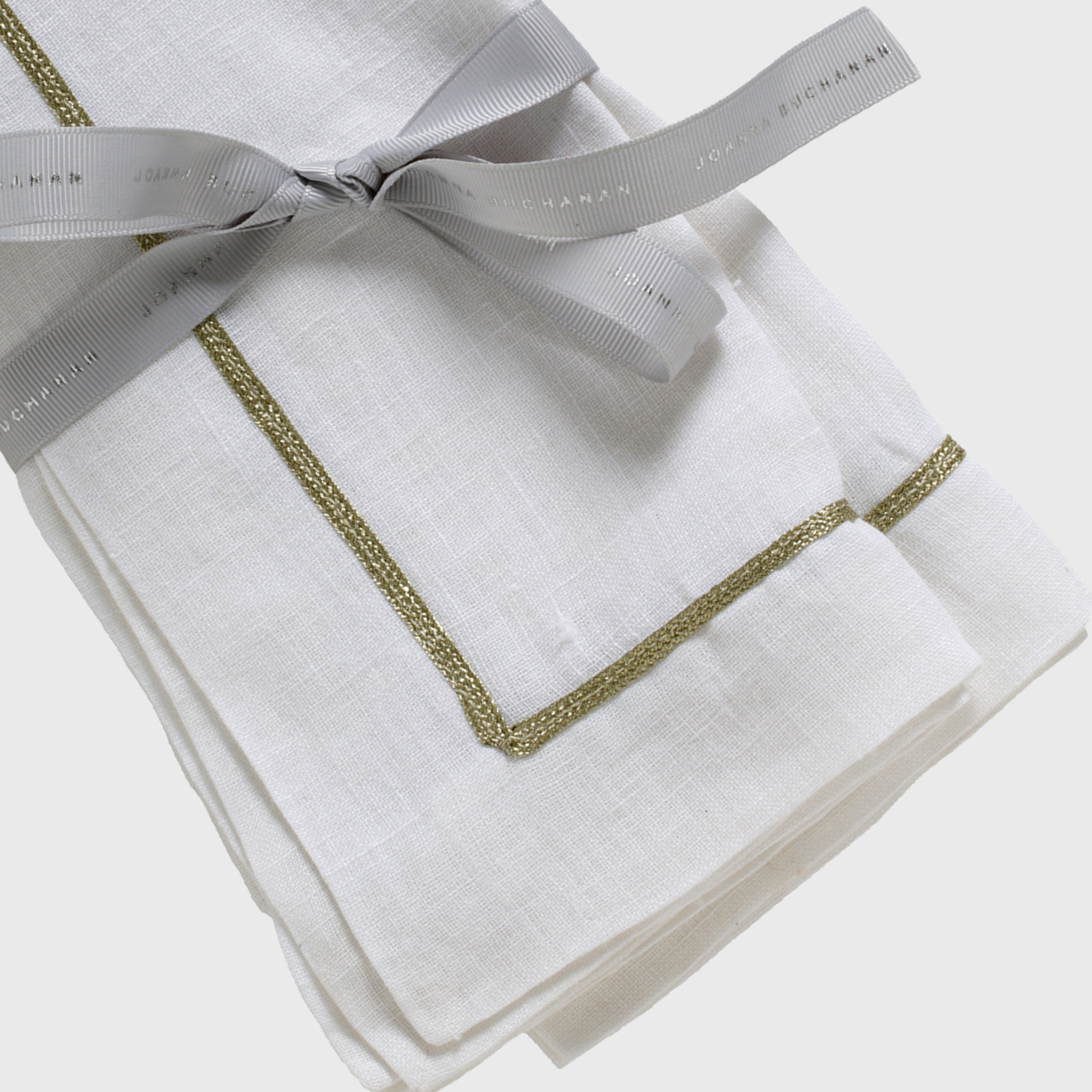 Gold Trim Linen Dinner Napkins, White, Set Of Two