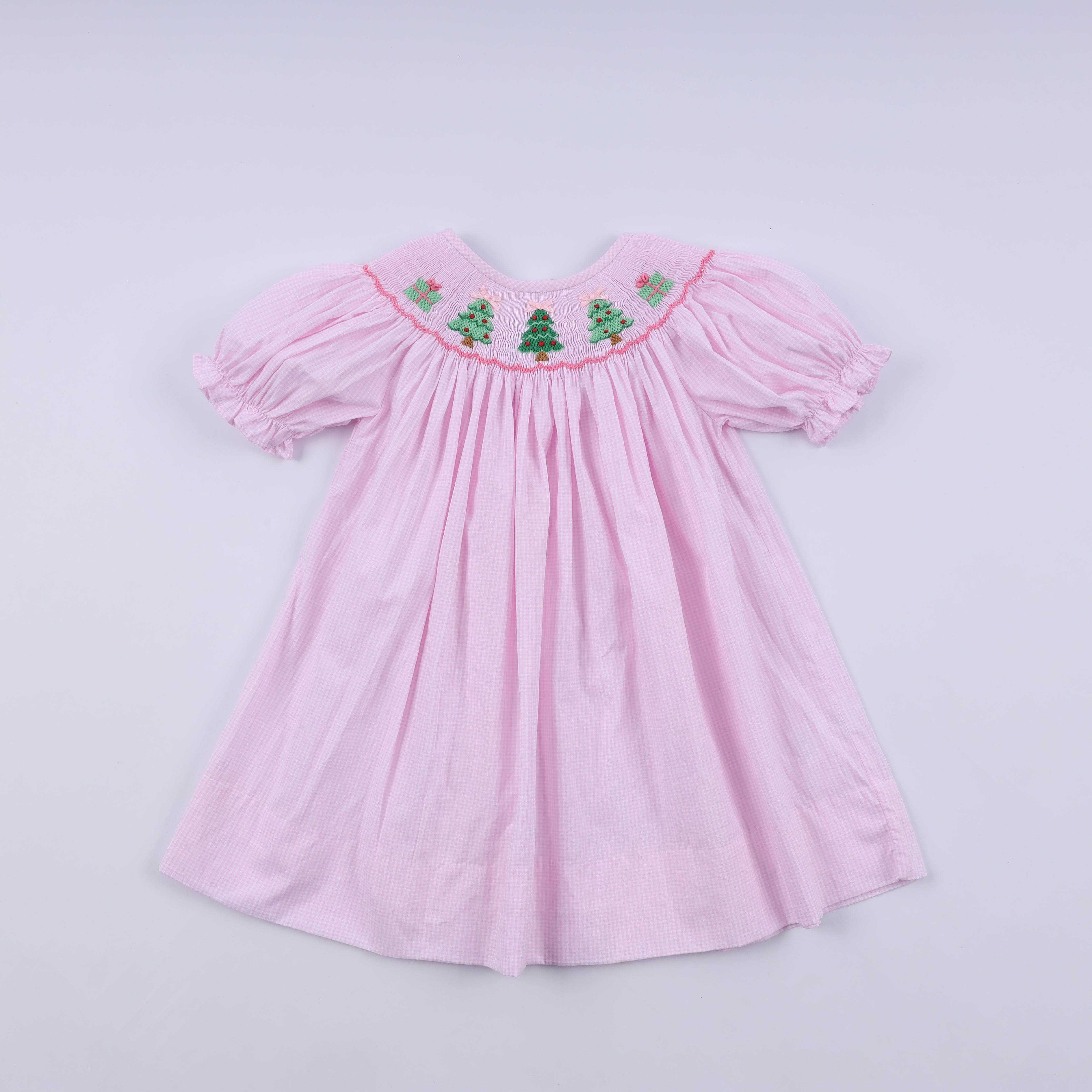 Pink Christmas Tree Hand Smocked Dress