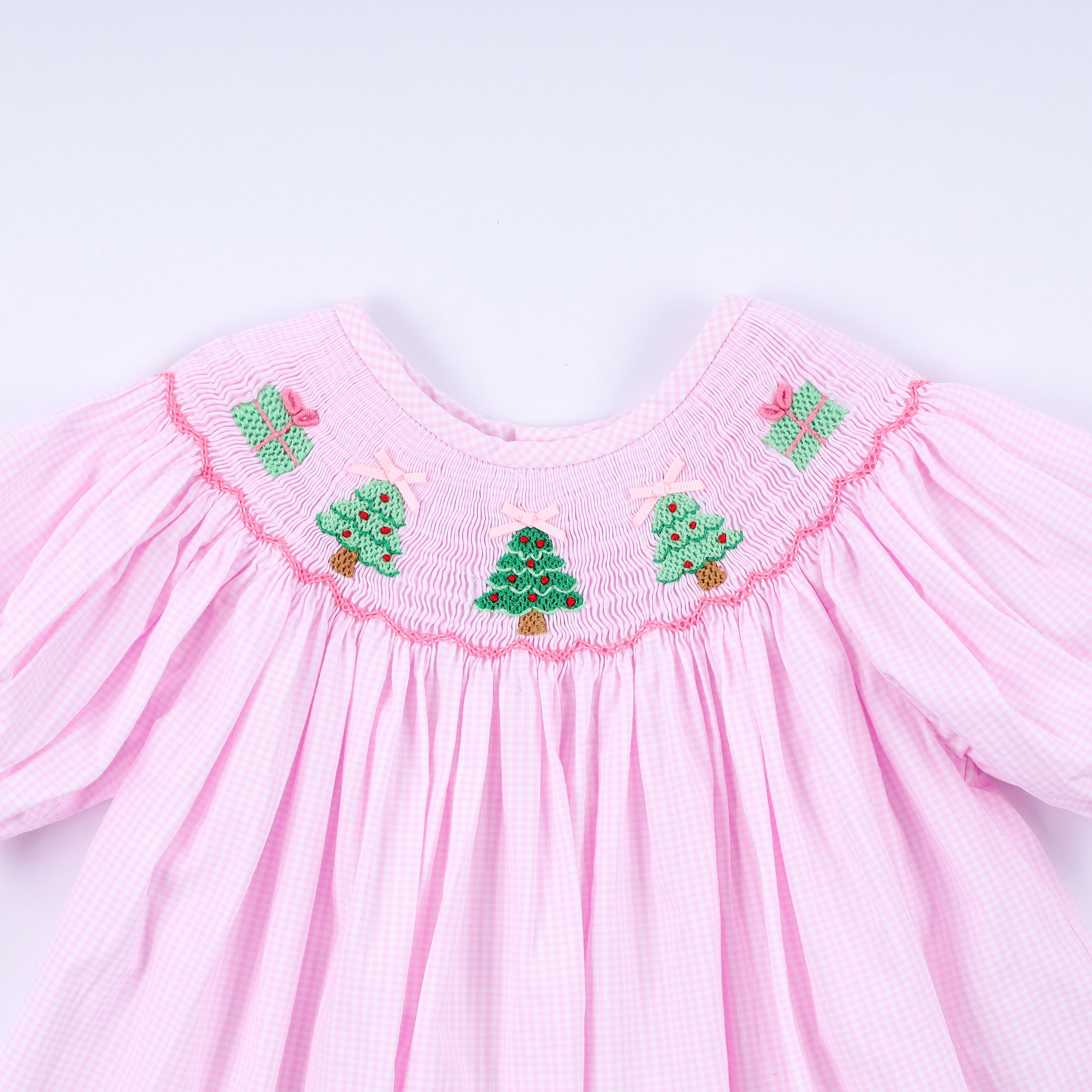 Pink Christmas Tree Hand Smocked Ruffle Pants Set