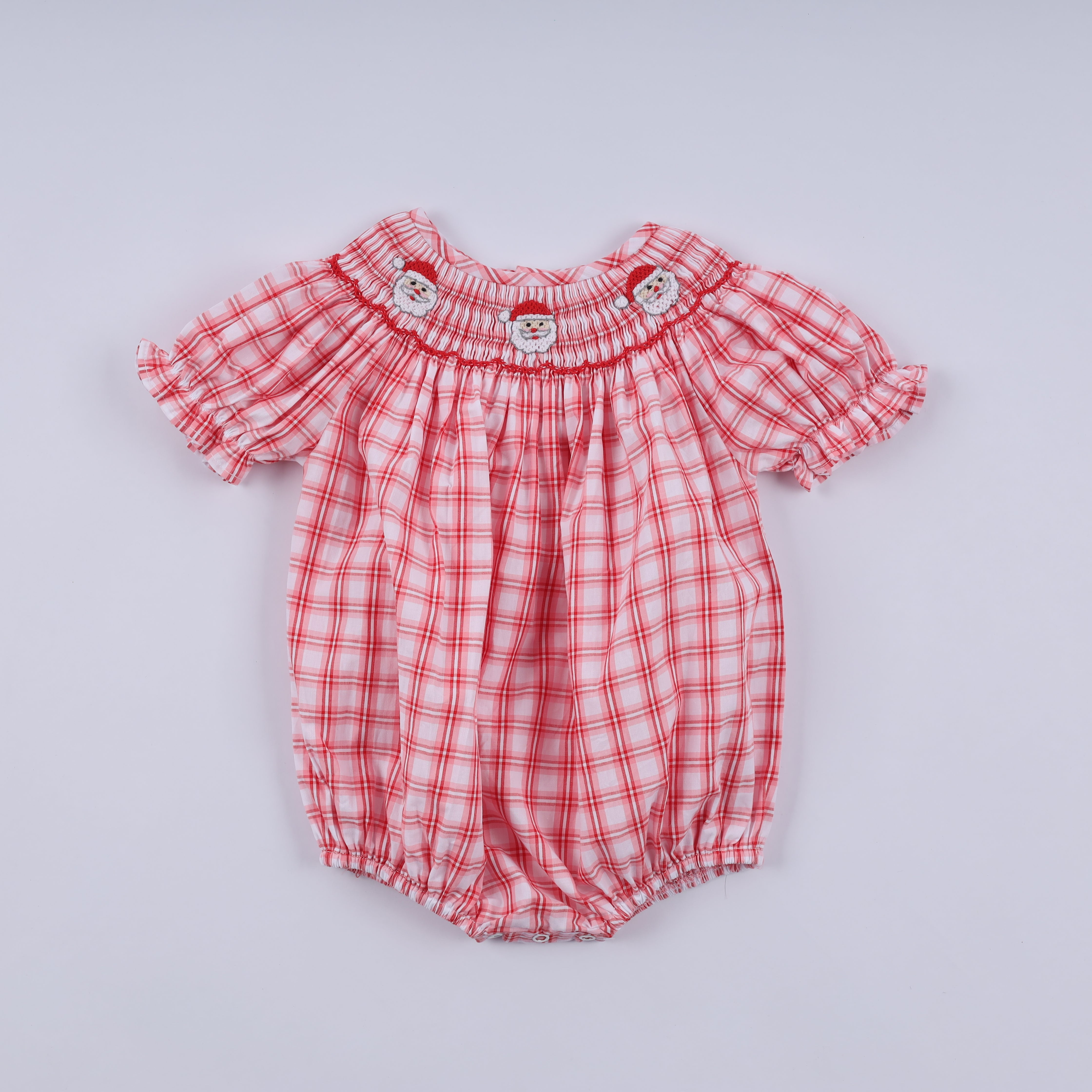 Red Christmas Santa Claus Hand Smocked Plaid Bubble