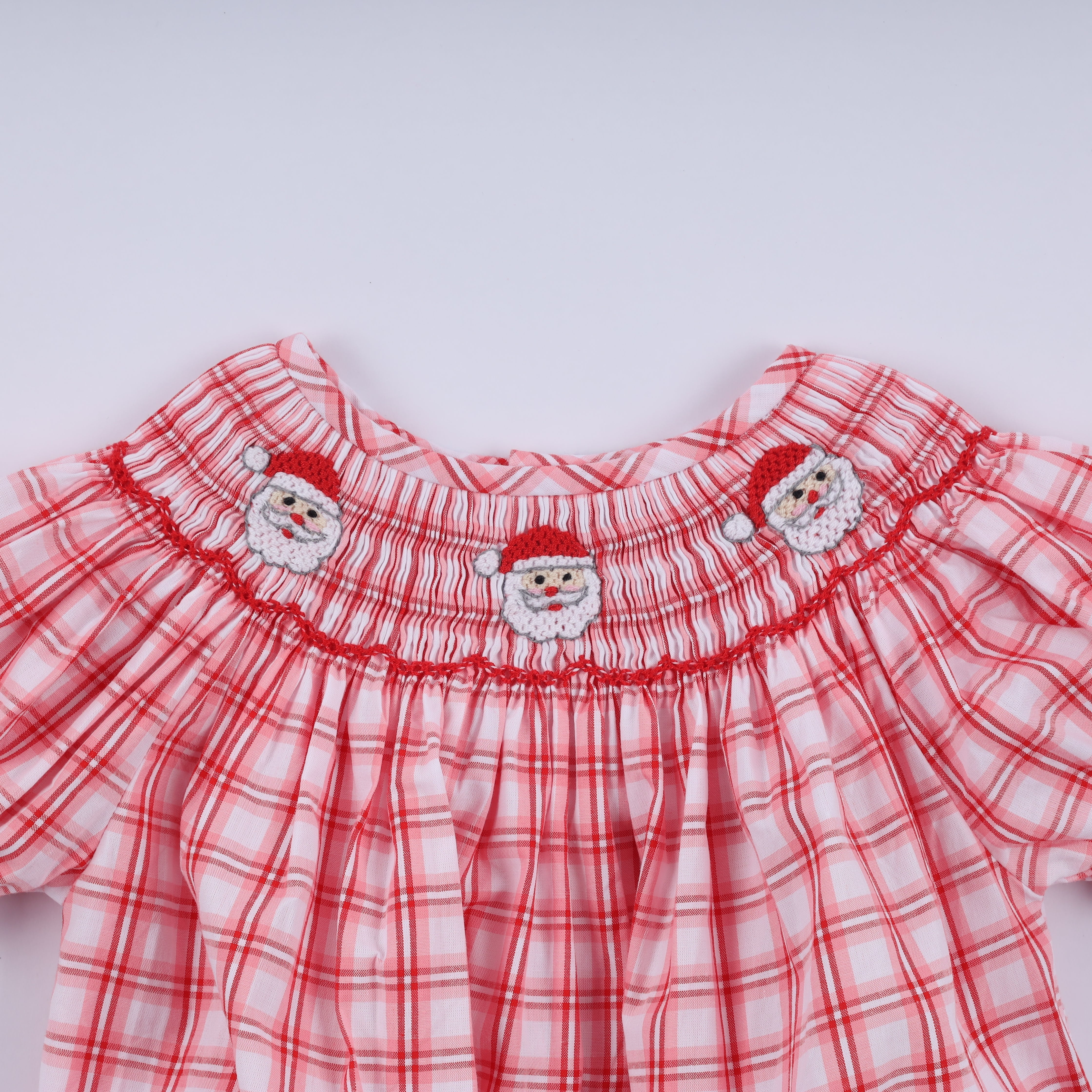 Red Christmas Santa Claus Hand Smocked Plaid Bubble