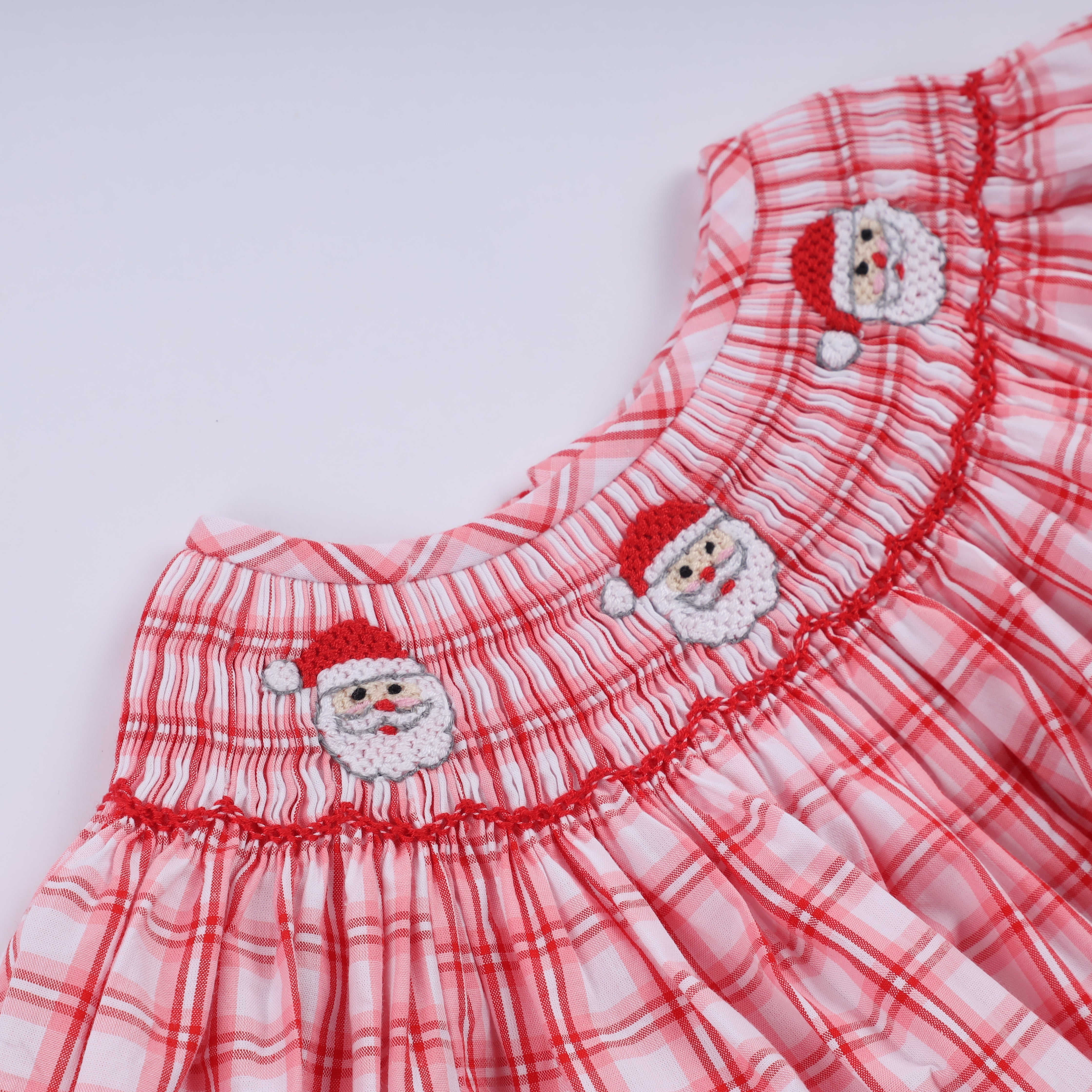 Red Christmas Santa Claus Hand Smocked Plaid Bubble