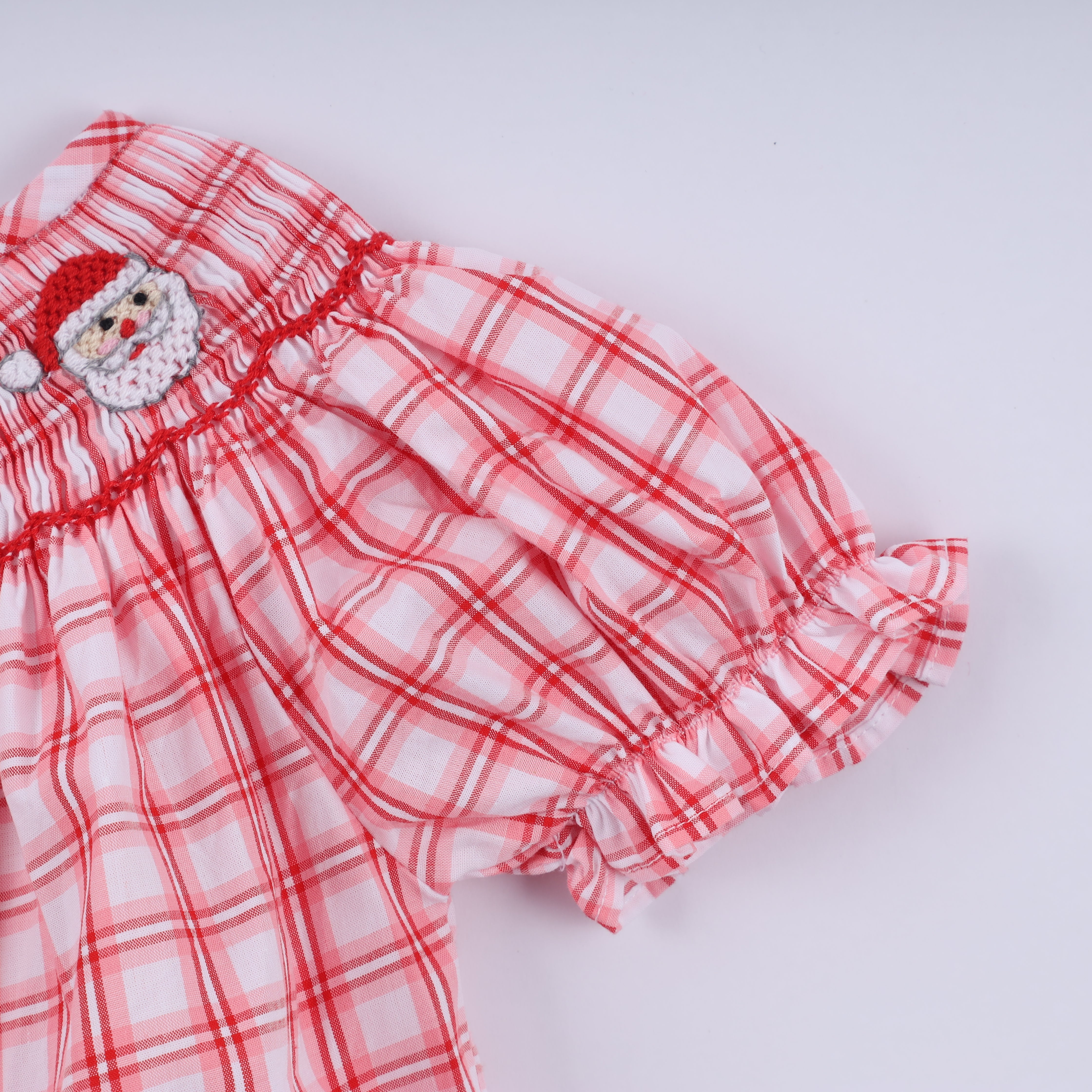 Red Christmas Santa Claus Hand Smocked Plaid Bubble
