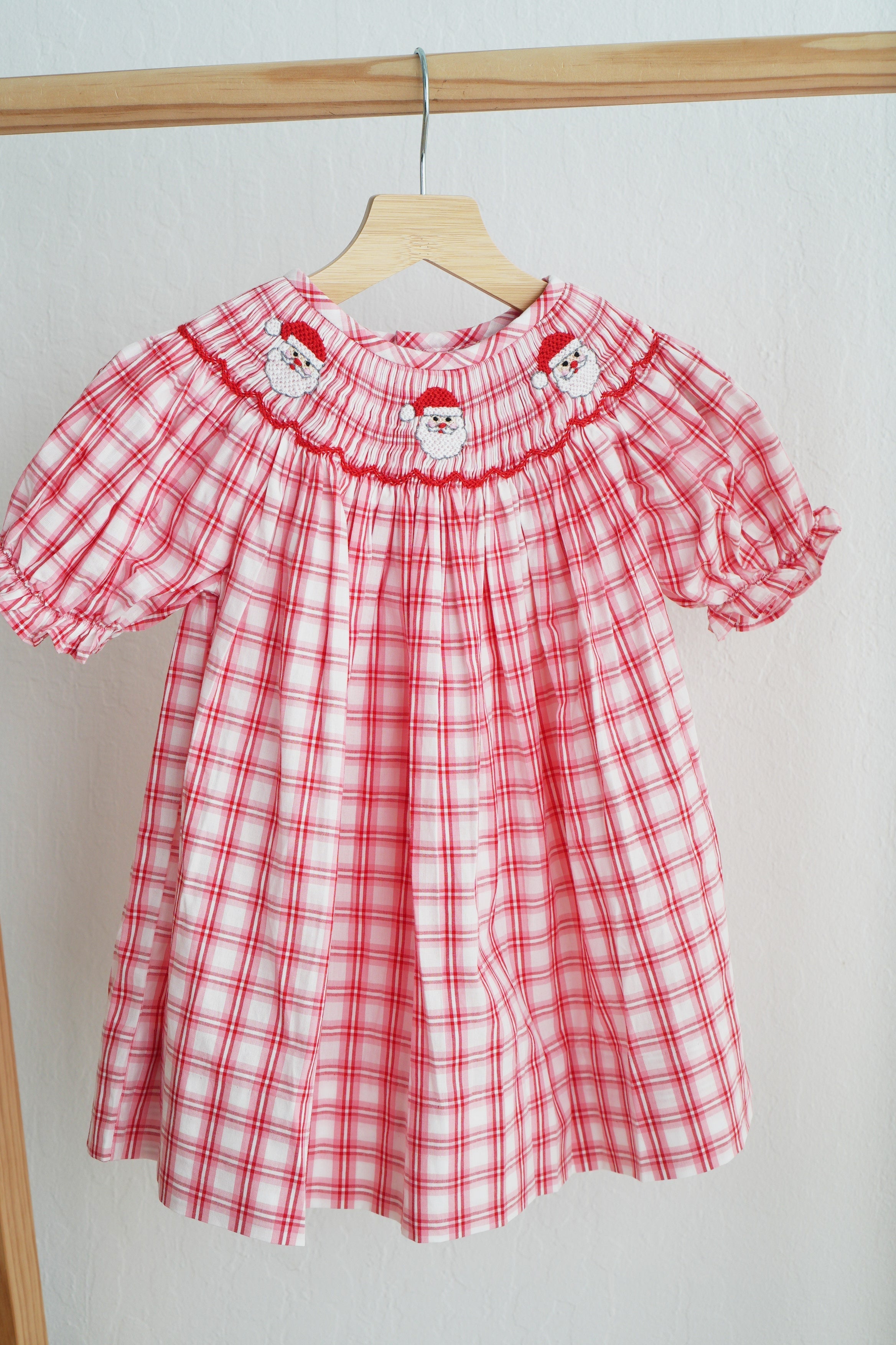 Red Christmas Santa Claus Hand Smocked Plaid Dress