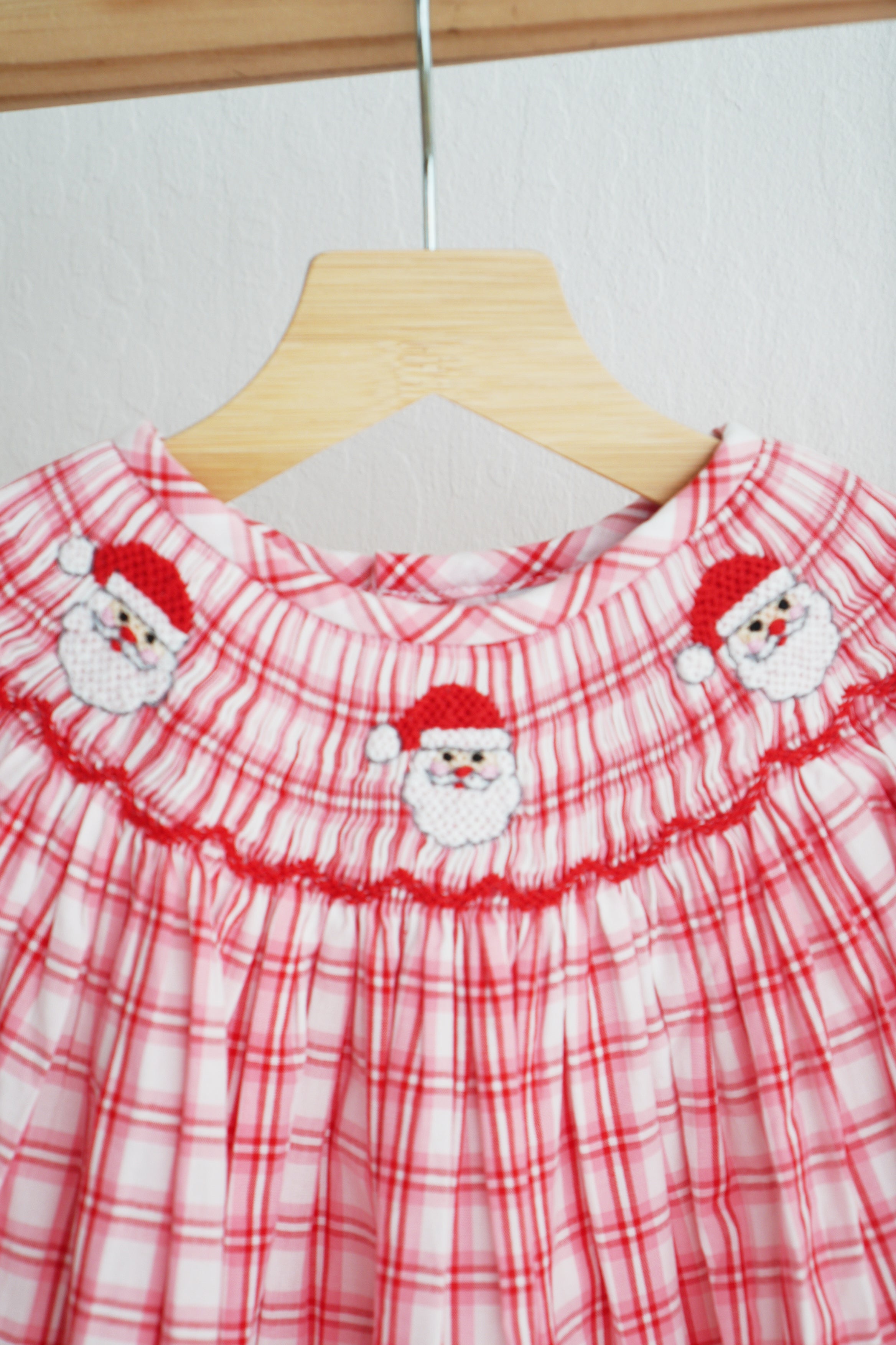 Red Christmas Santa Claus Hand Smocked Plaid Dress