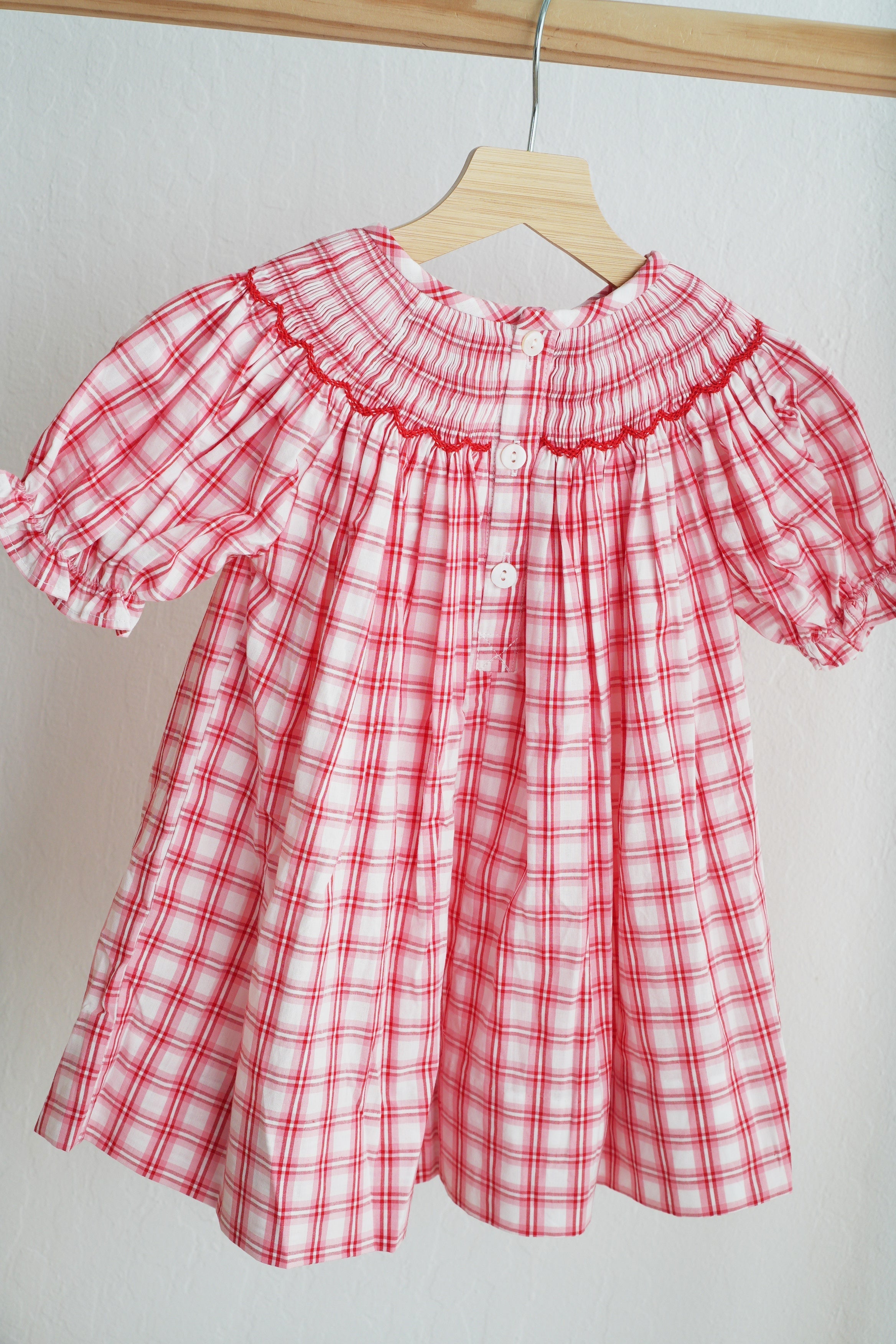 Red Christmas Santa Claus Hand Smocked Plaid Dress