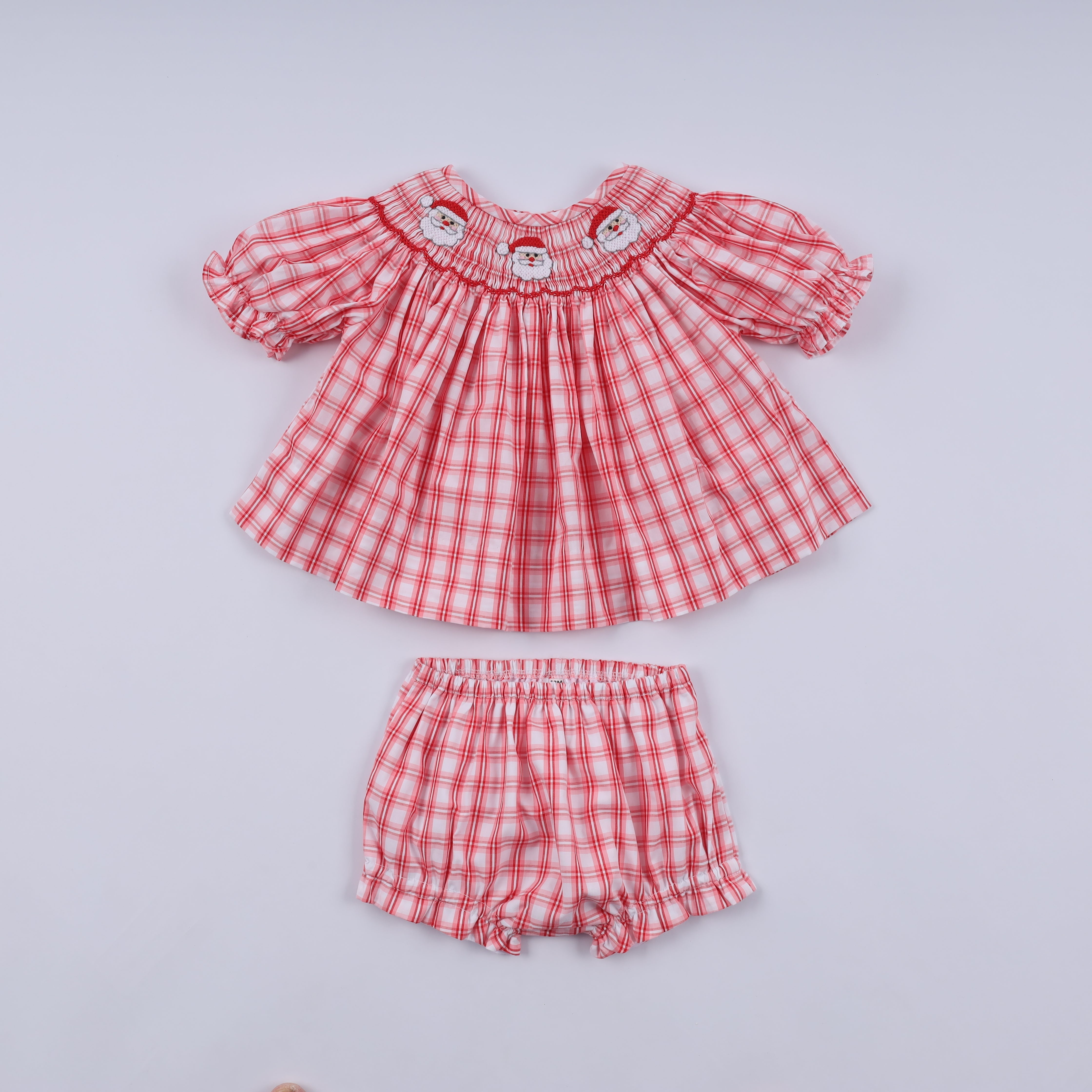 Red Christmas Santa Claus Hand Smocked Plaid Bloomer Set