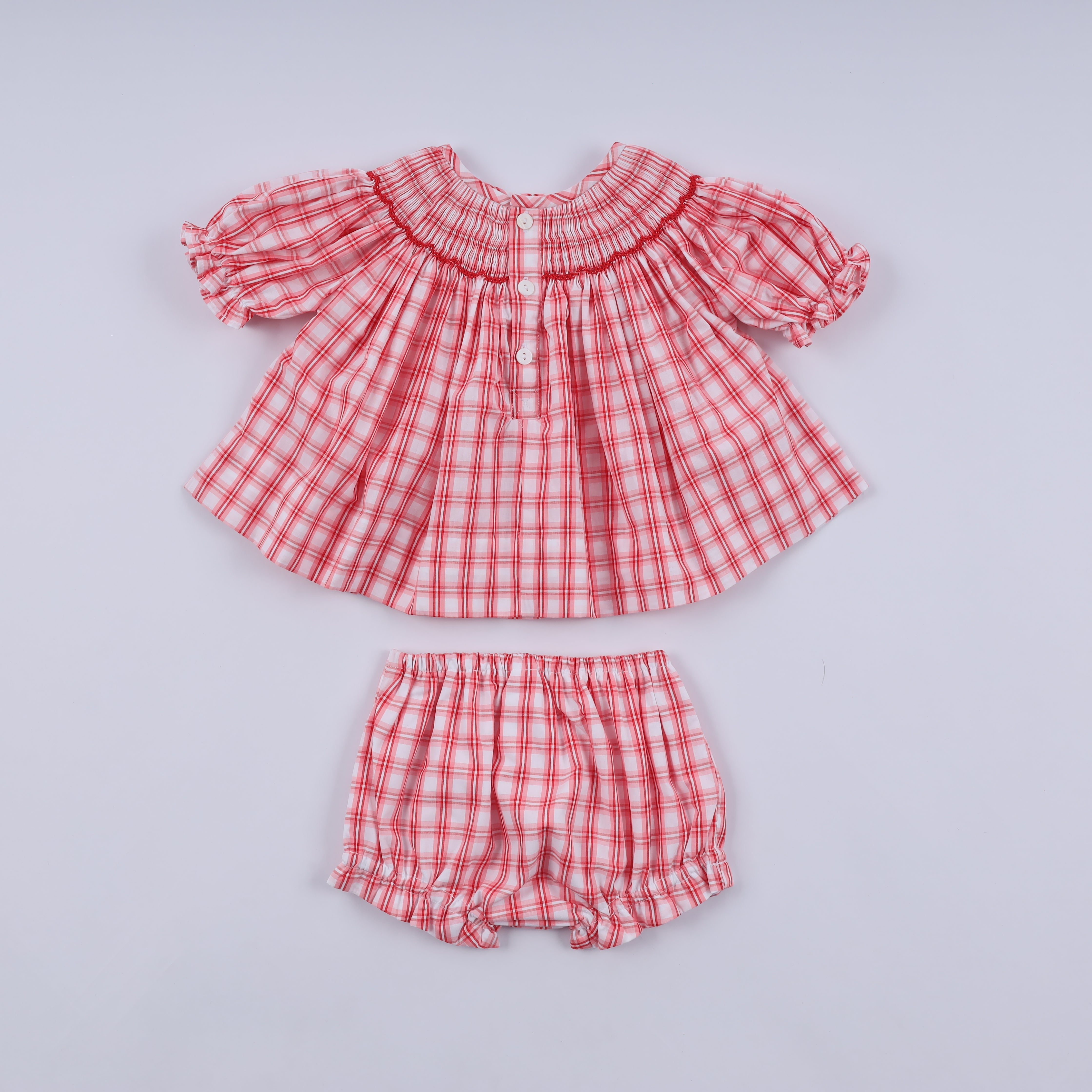 Red Christmas Santa Claus Hand Smocked Plaid Bloomer Set