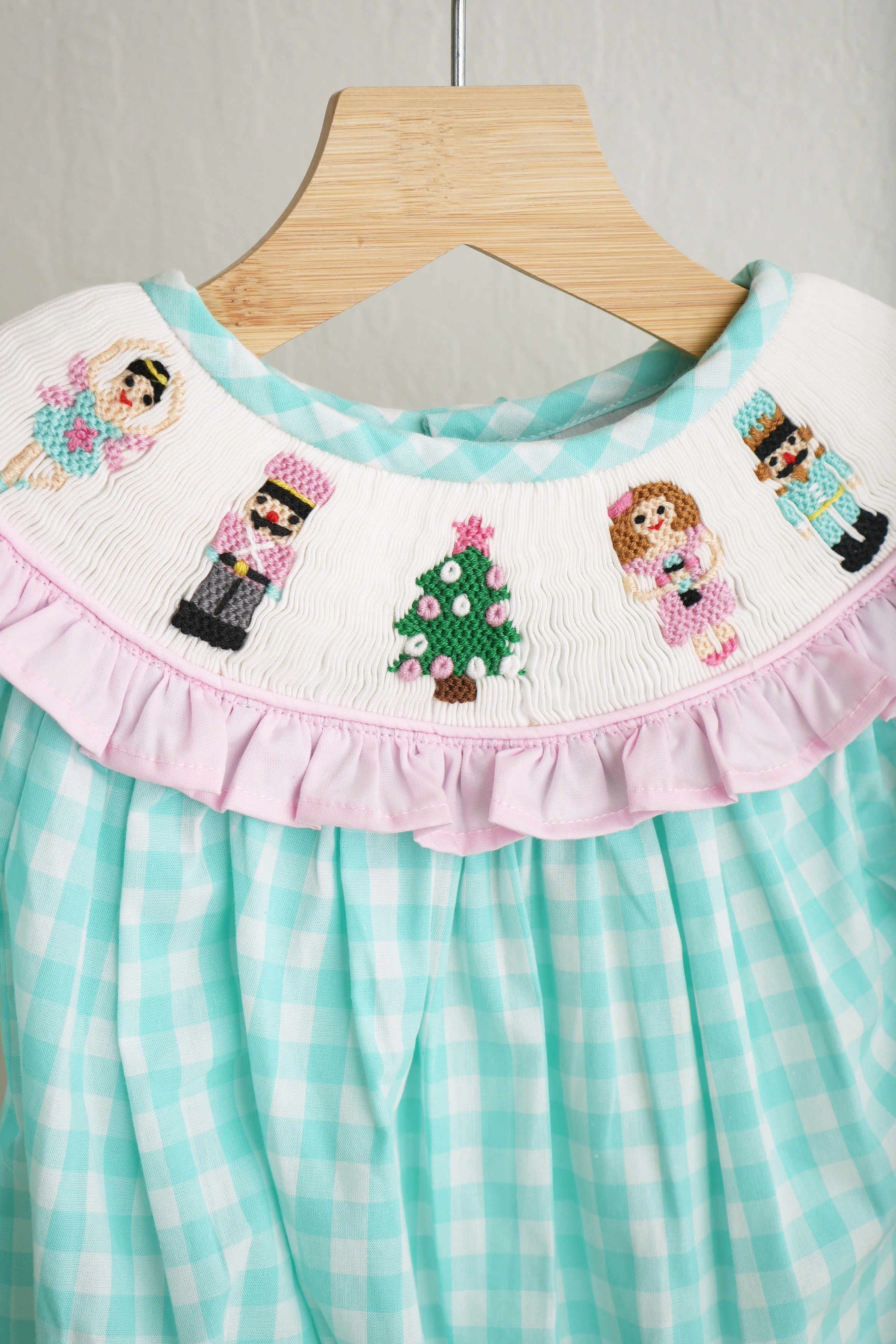 Mint Christmas Nutcracker Hand Smocked Gingham Bubble